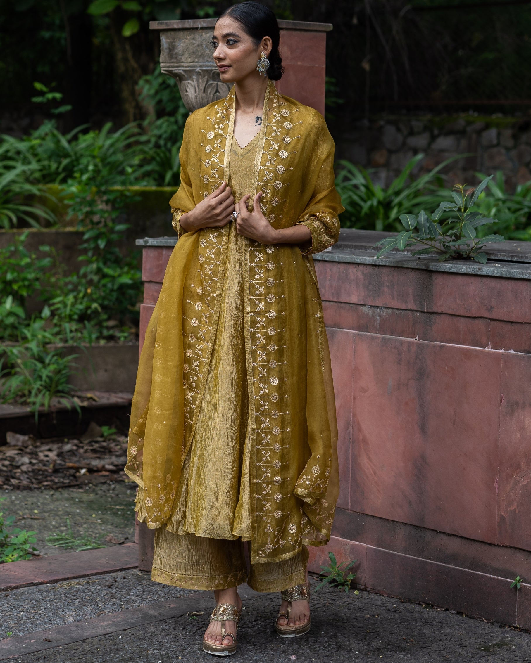 Molten Gold Yellow Tissue Silk A-Line Kurta Set