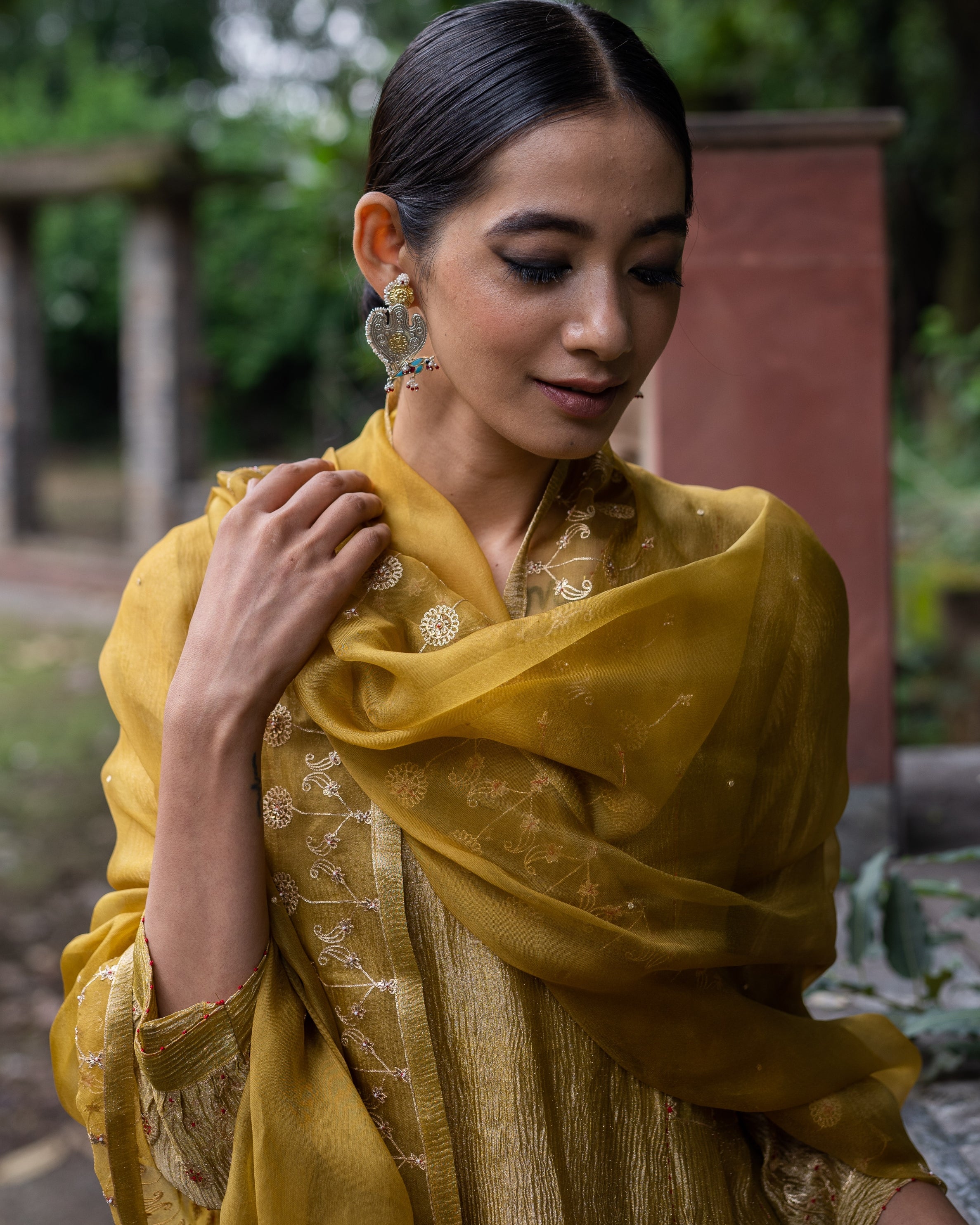 Molten Gold Yellow Tissue Silk A-Line Kurta Set