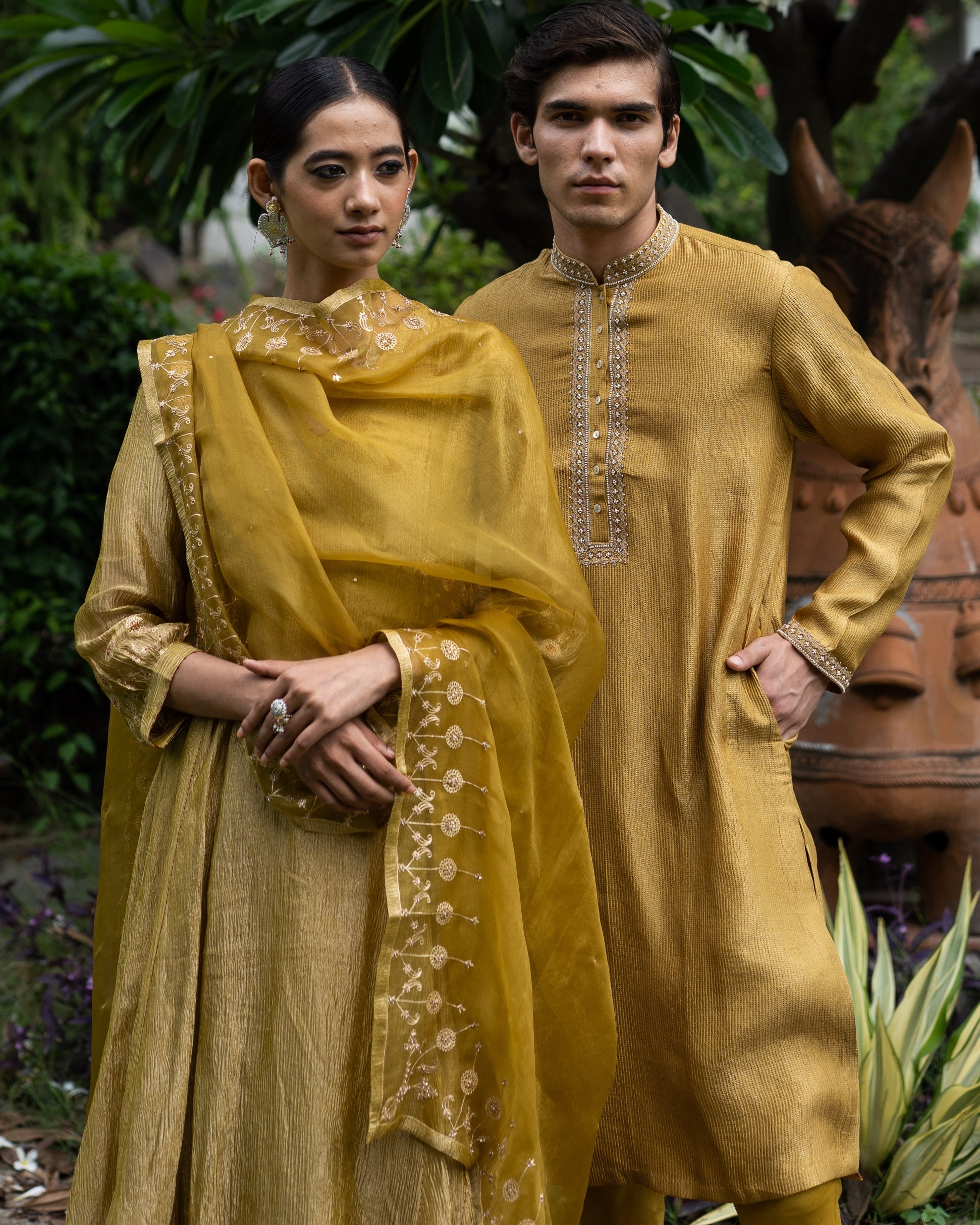 Molten Gold Yellow Tissue Silk A-Line Kurta Set