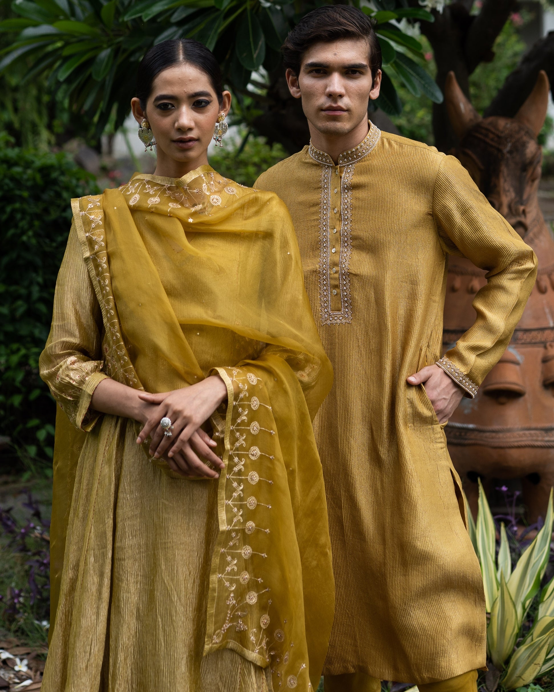 Molten Gold Yellow Tissue Silk A-Line Kurta Set