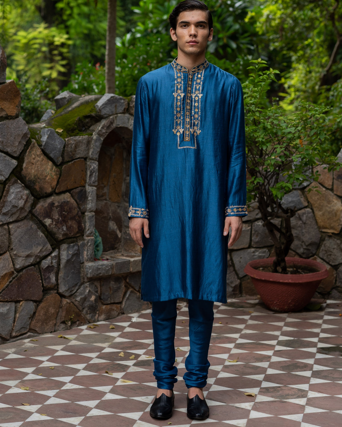 Cobalt Blue Hand Embroidered Mens Silk Kurta With Chudi Pants