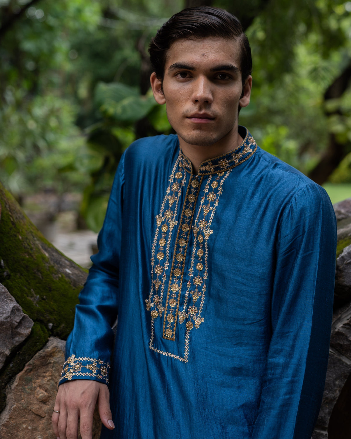 Cobalt Blue Hand Embroidered Mens Silk Kurta With Chudi Pants