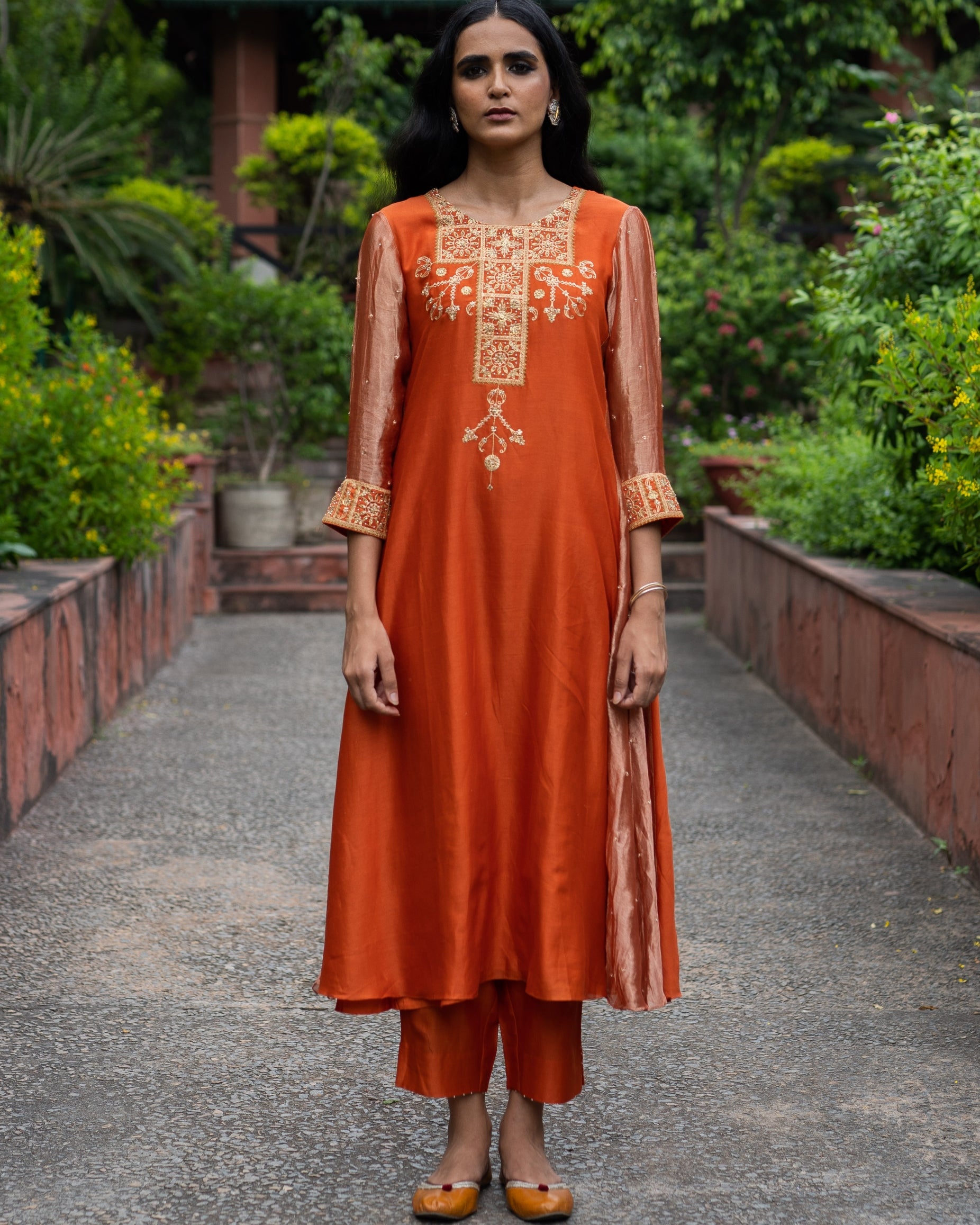 Rust Orange Hand Embroidered A-Line Kurta Set