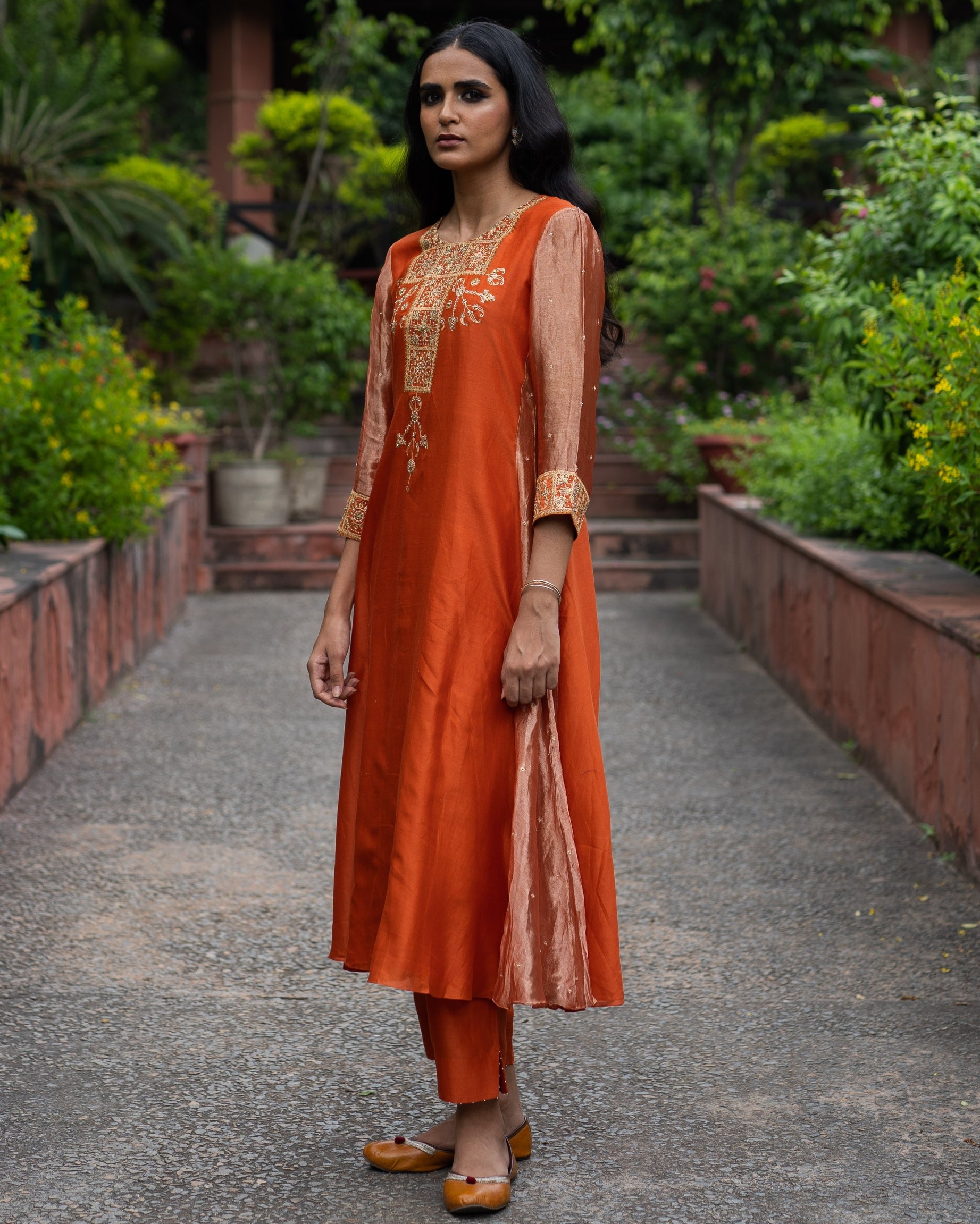 Rust Orange Hand Embroidered A-Line Kurta Set