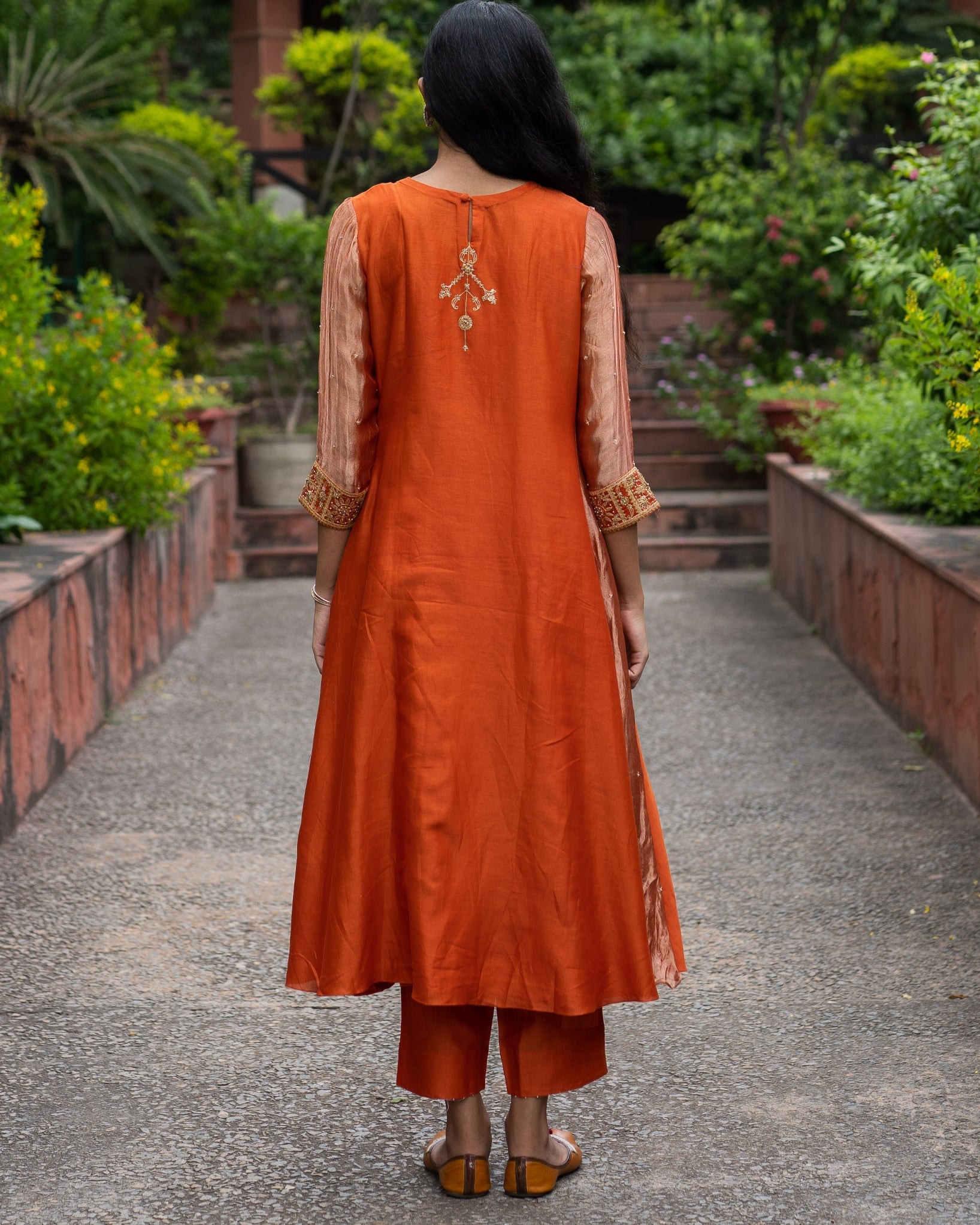 Rust Orange Hand Embroidered A-Line Kurta Set