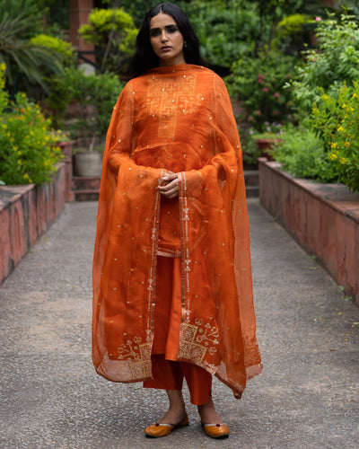 Rust Orange Hand Embroidered A-Line Kurta Set