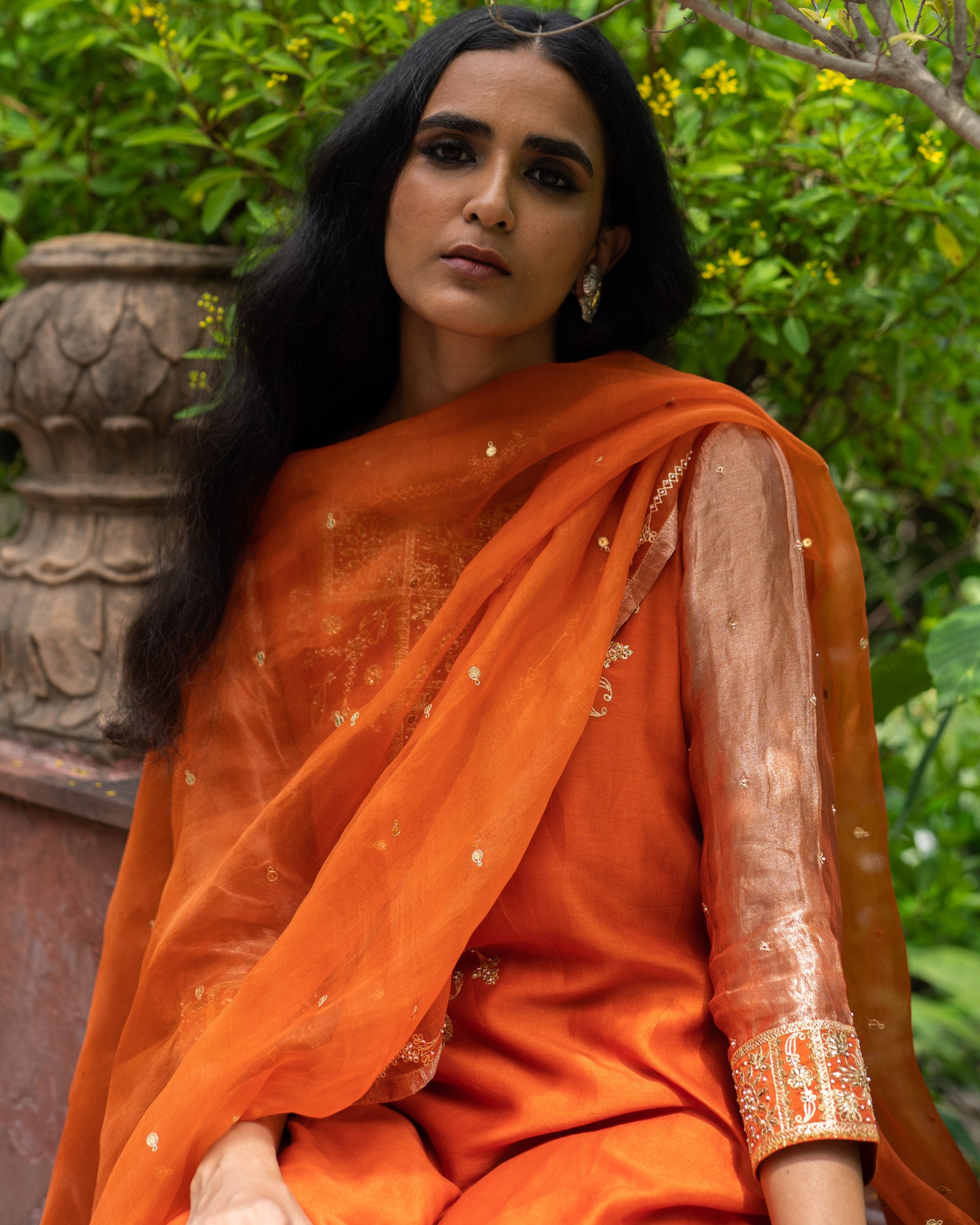 Rust Orange Hand Embroidered A-Line Kurta Set