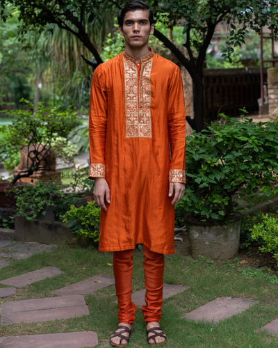 Rust Orange Hand Embroidered Kurta Set