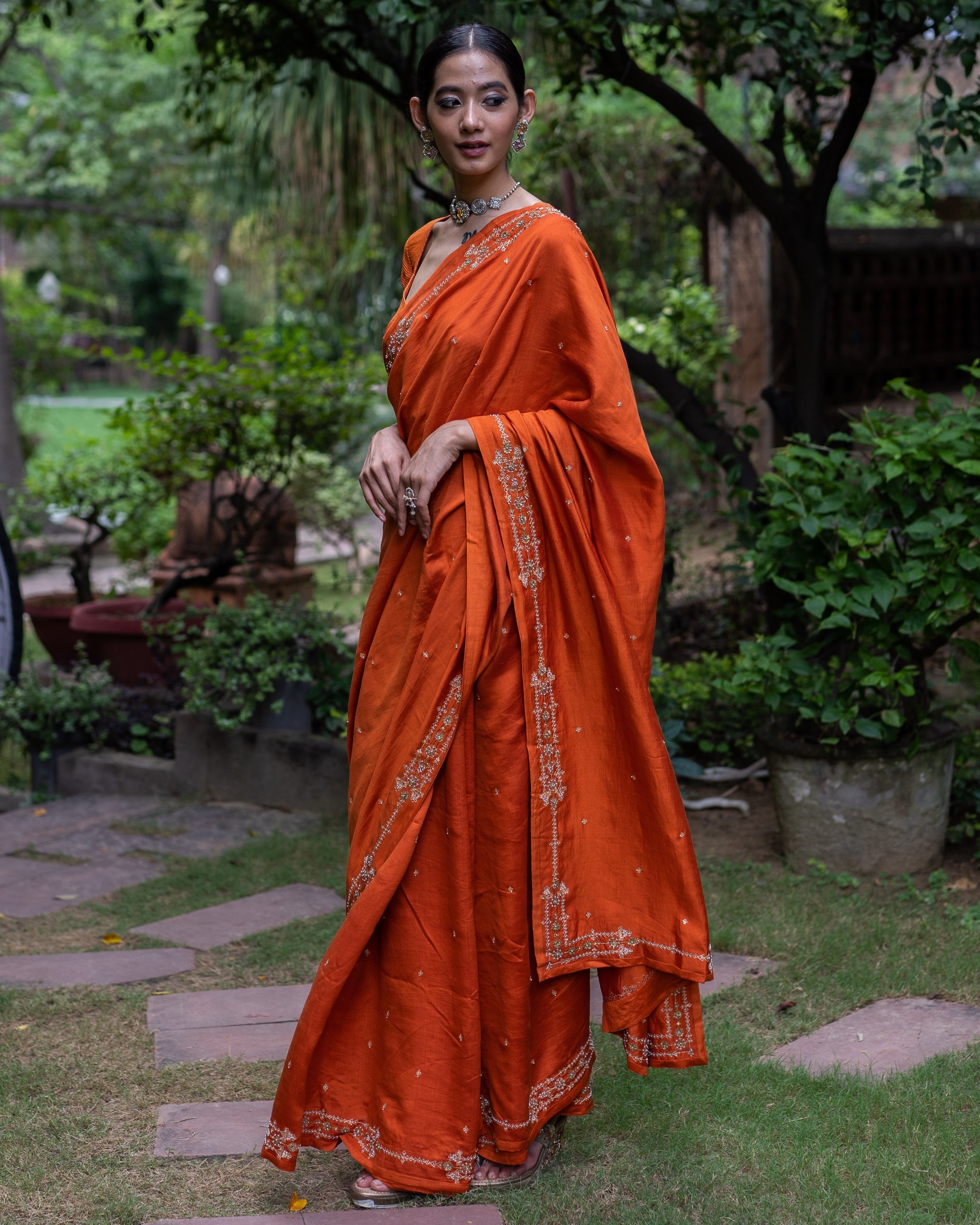 Rust Orange Hand Embroidered Silk Sari