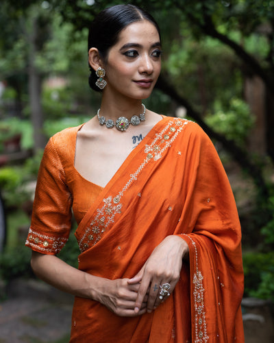Rust Orange Hand Embroidered Silk Sari