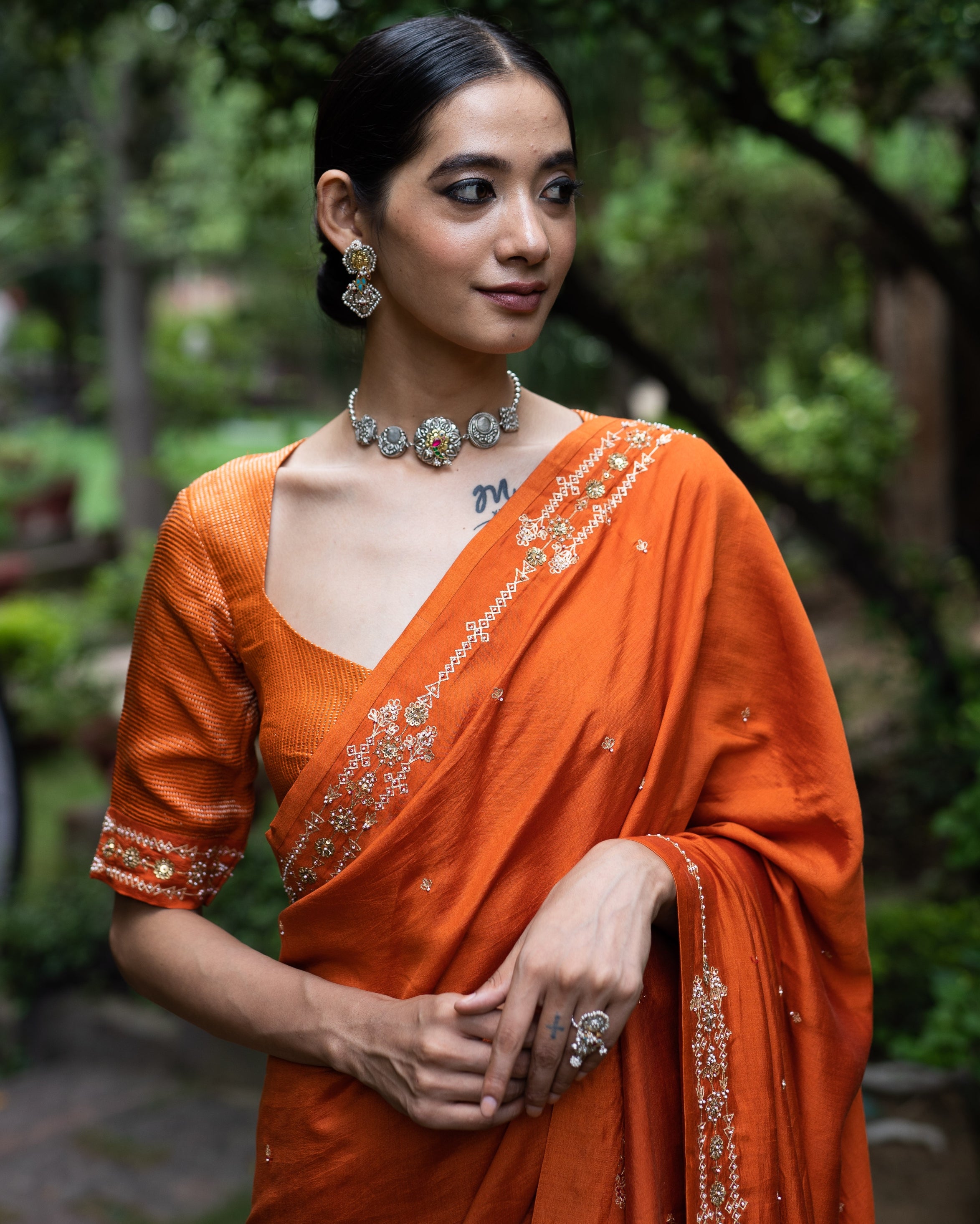 Rust Orange Hand Embroidered Silk Sari
