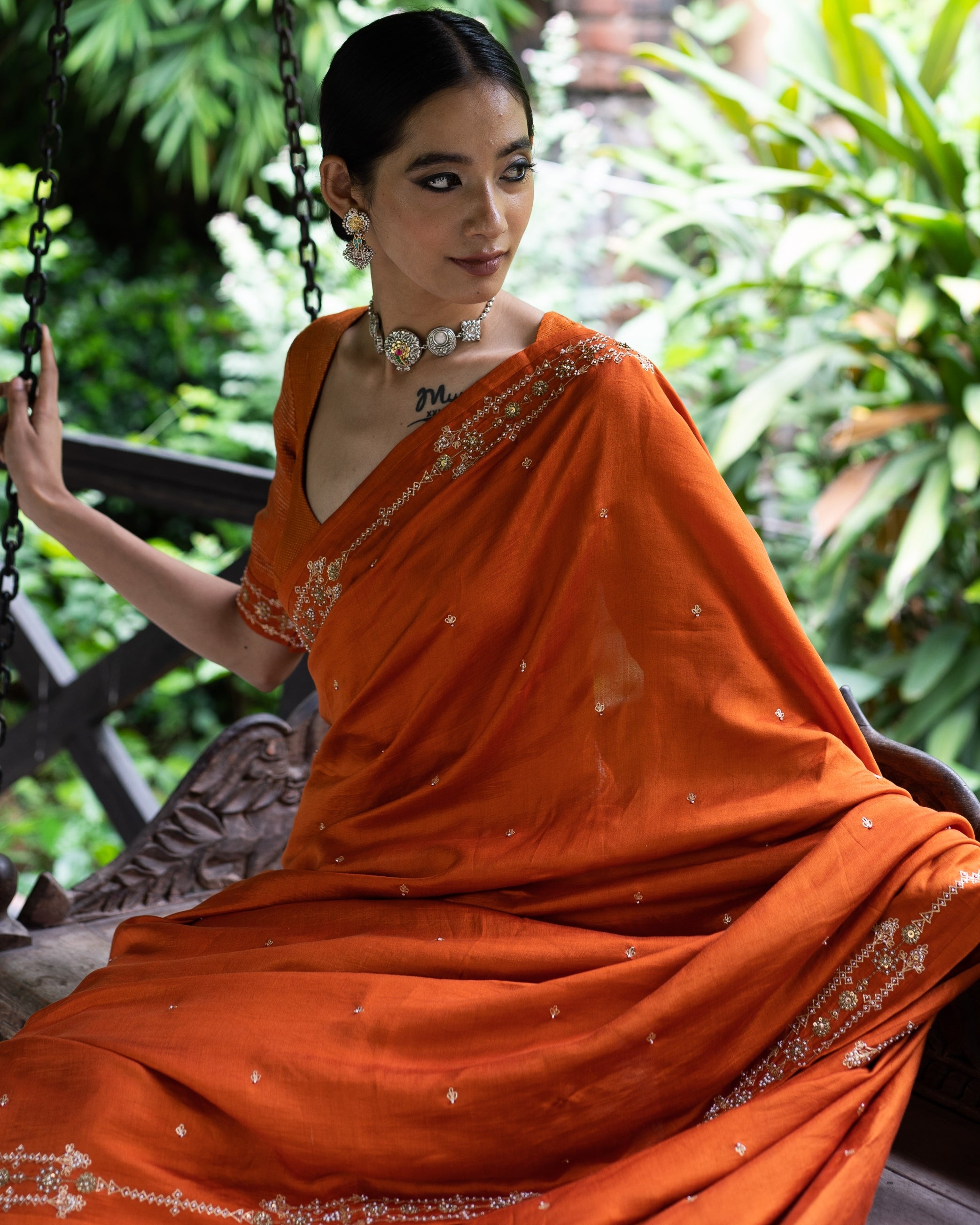 Rust Orange Hand Embroidered Silk Sari