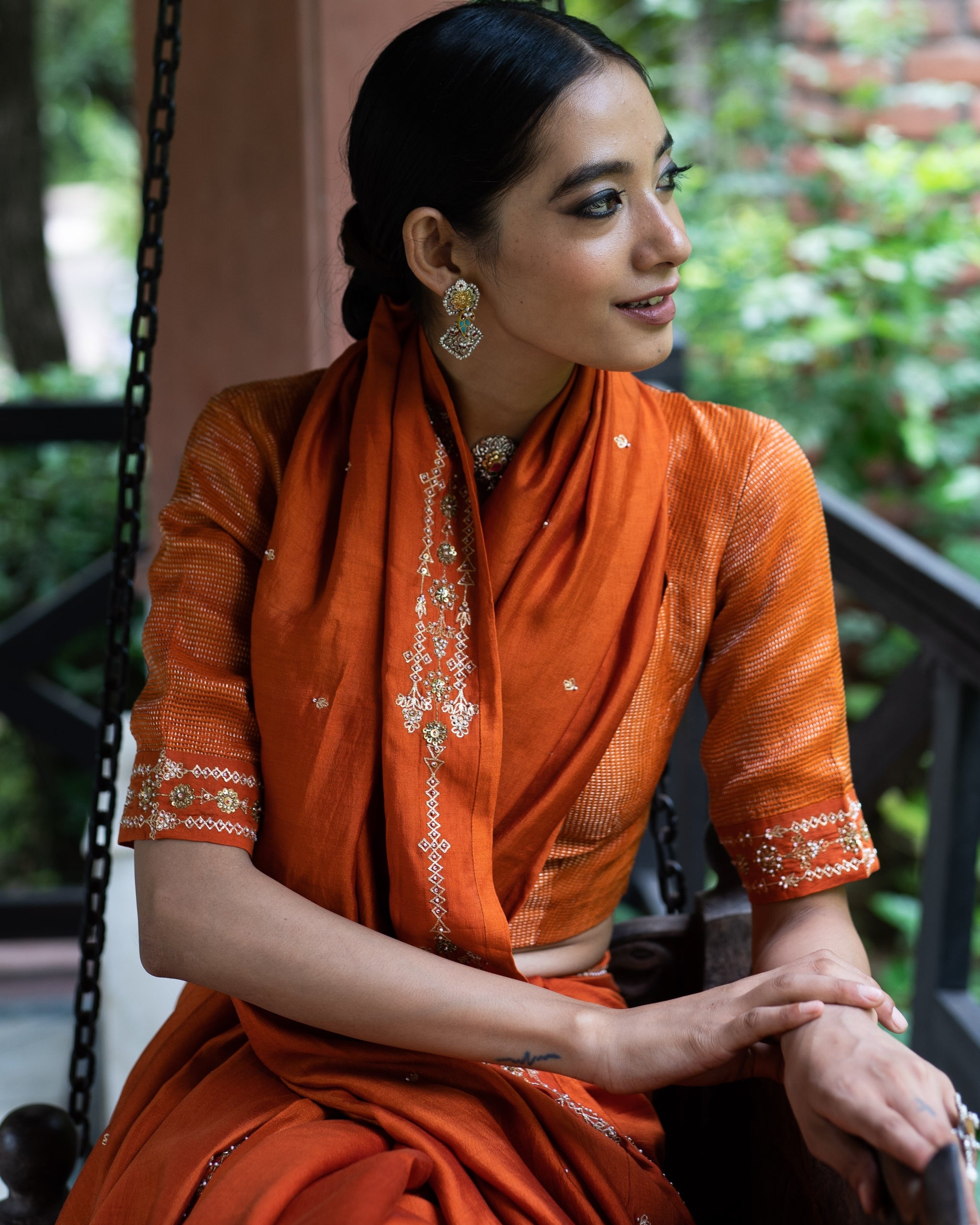 Rust Orange Hand Embroidered Silk Sari