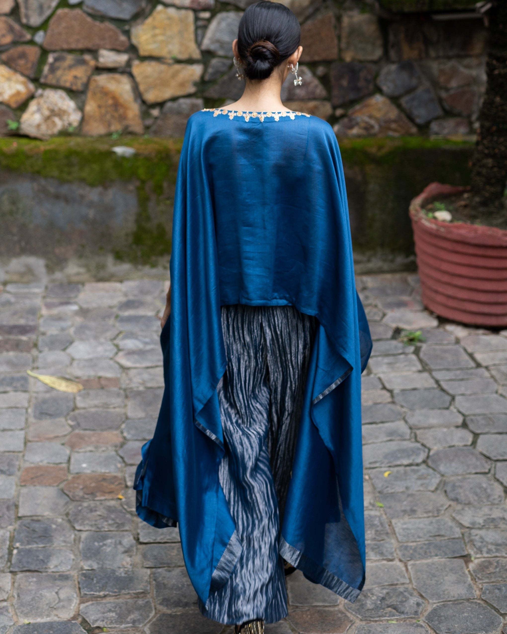 Cobalt Blue Hand Embroidered Kaftan With Metallic Pants