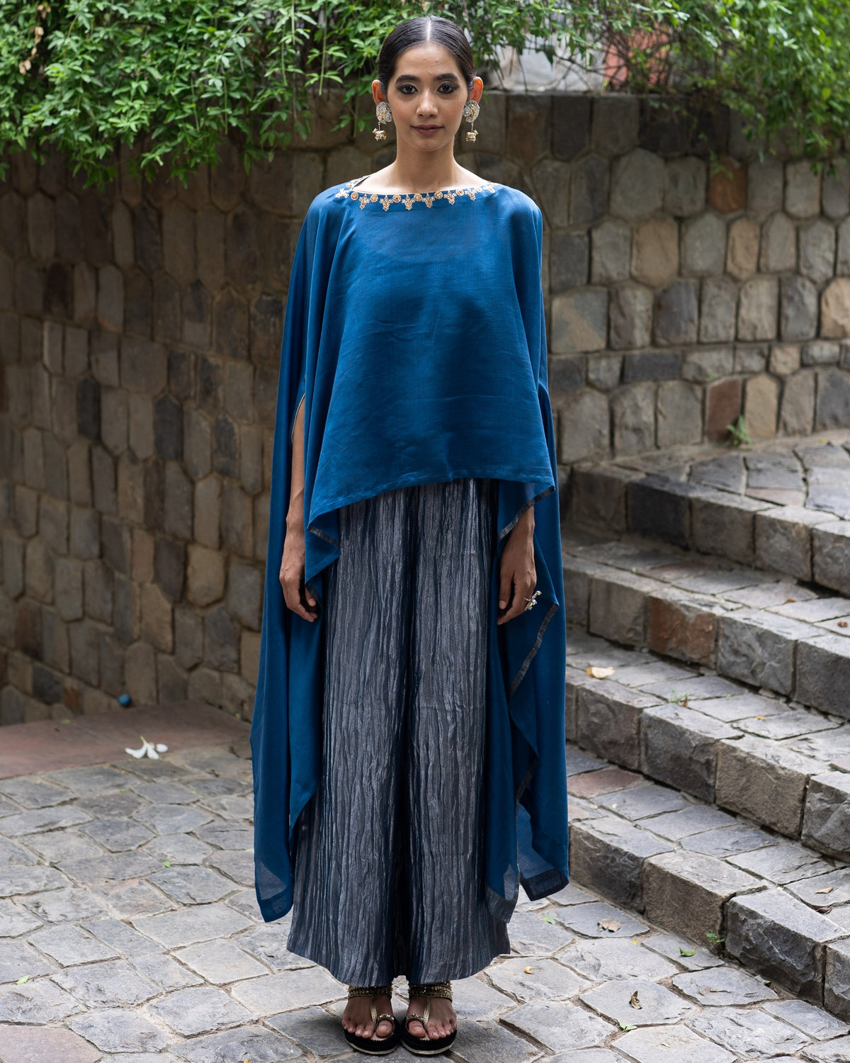 Cobalt Blue Hand Embroidered Kaftan With Metallic Pants