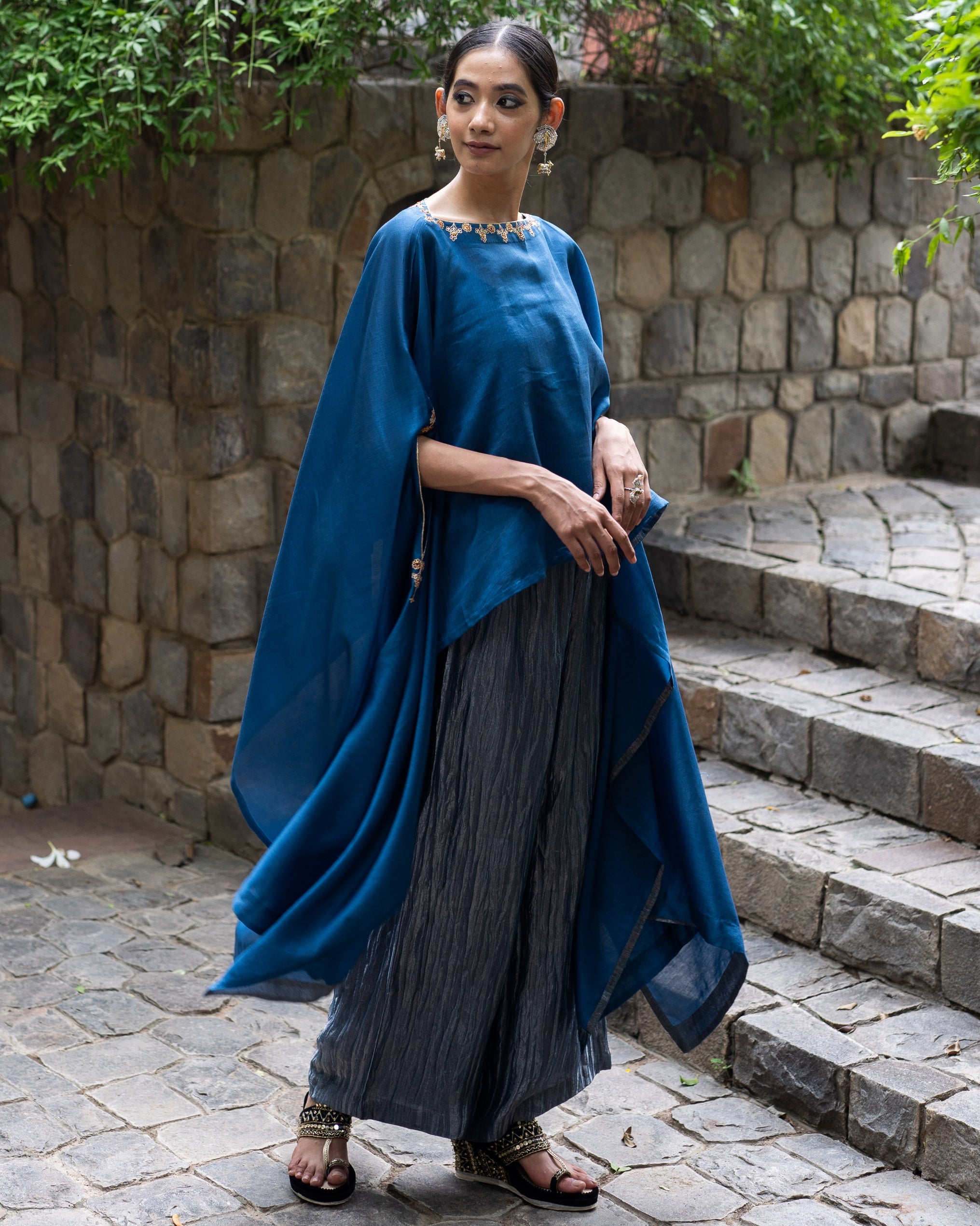 Cobalt Blue Hand Embroidered Kaftan With Metallic Pants