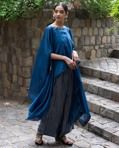 Cobalt Blue Hand Embroidered Kaftan With Metallic Pants