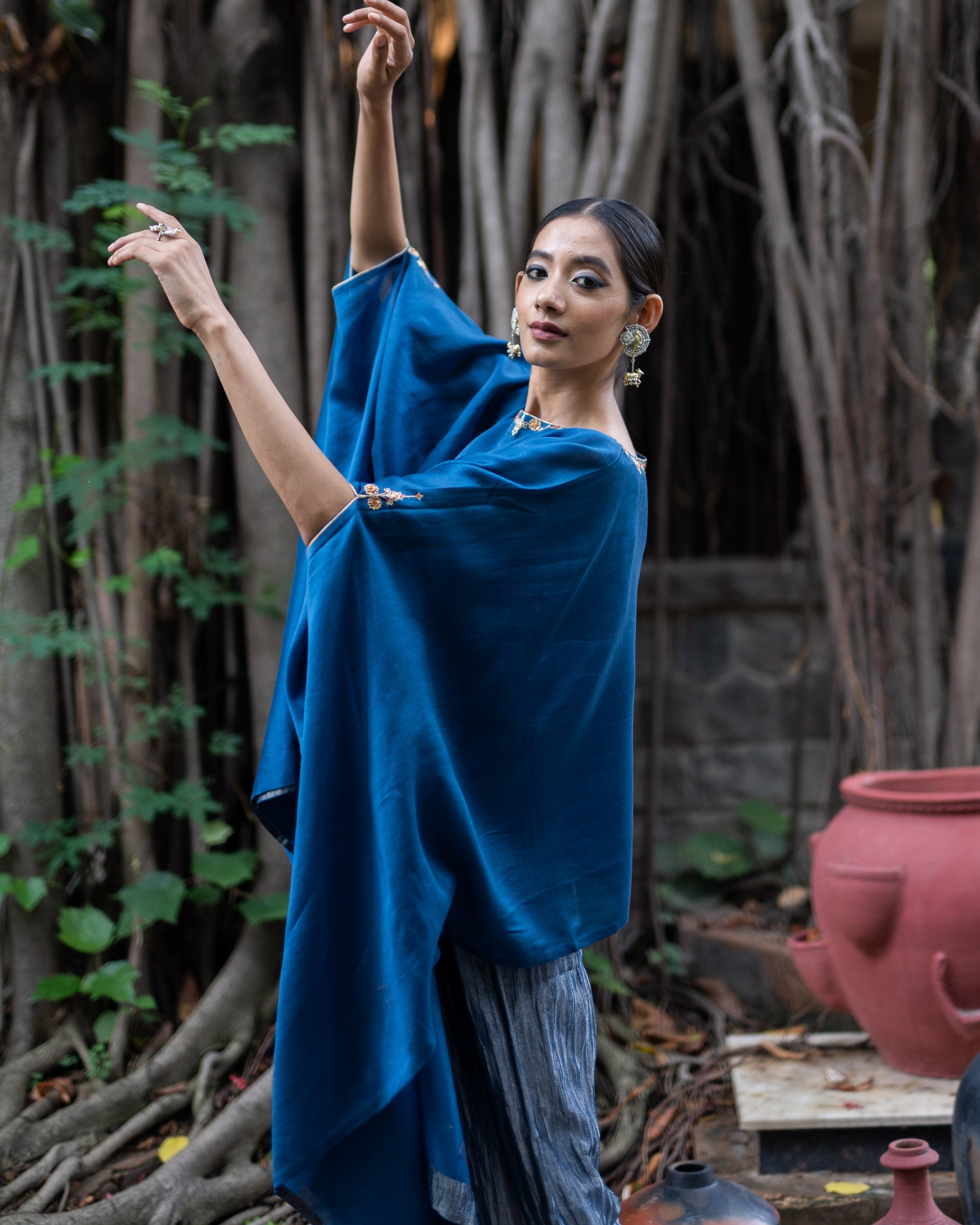 Cobalt Blue Hand Embroidered Kaftan With Metallic Pants