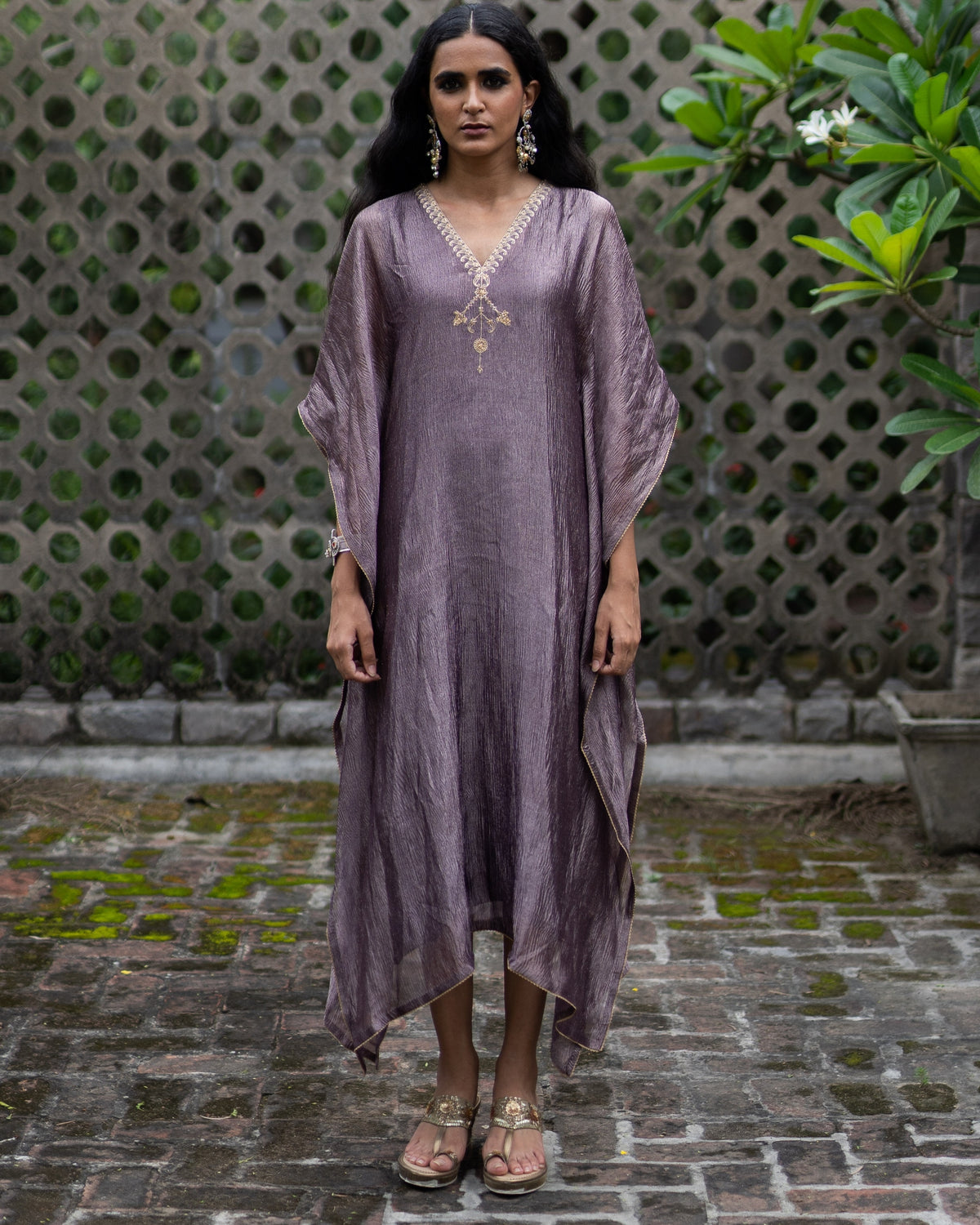 Violet Hand Embroidered Metallic Kaftan