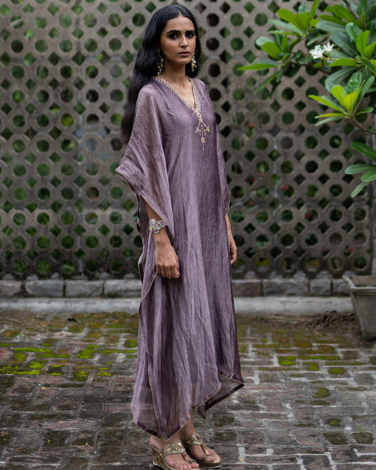 Violet Hand Embroidered Metallic Kaftan