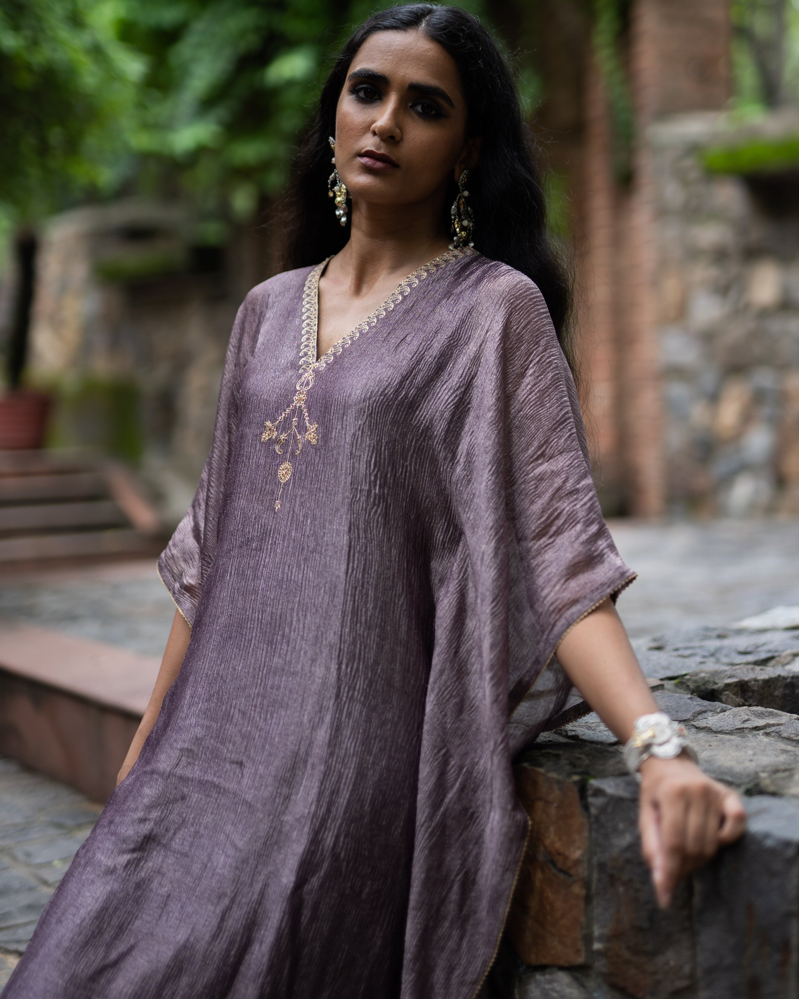 Violet Hand Embroidered Metallic Kaftan