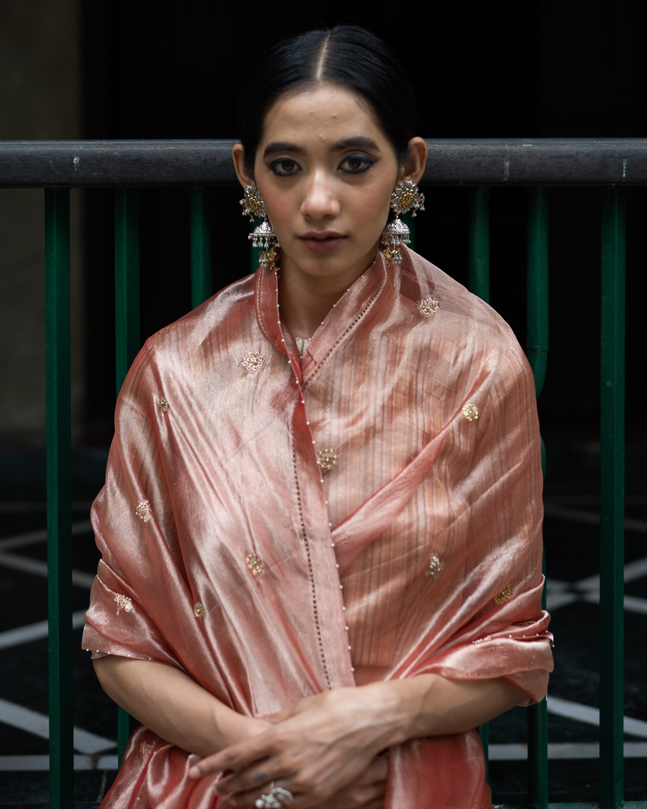 Blush Pink Hand Embroidered Tissue Silk Sari With Blouse