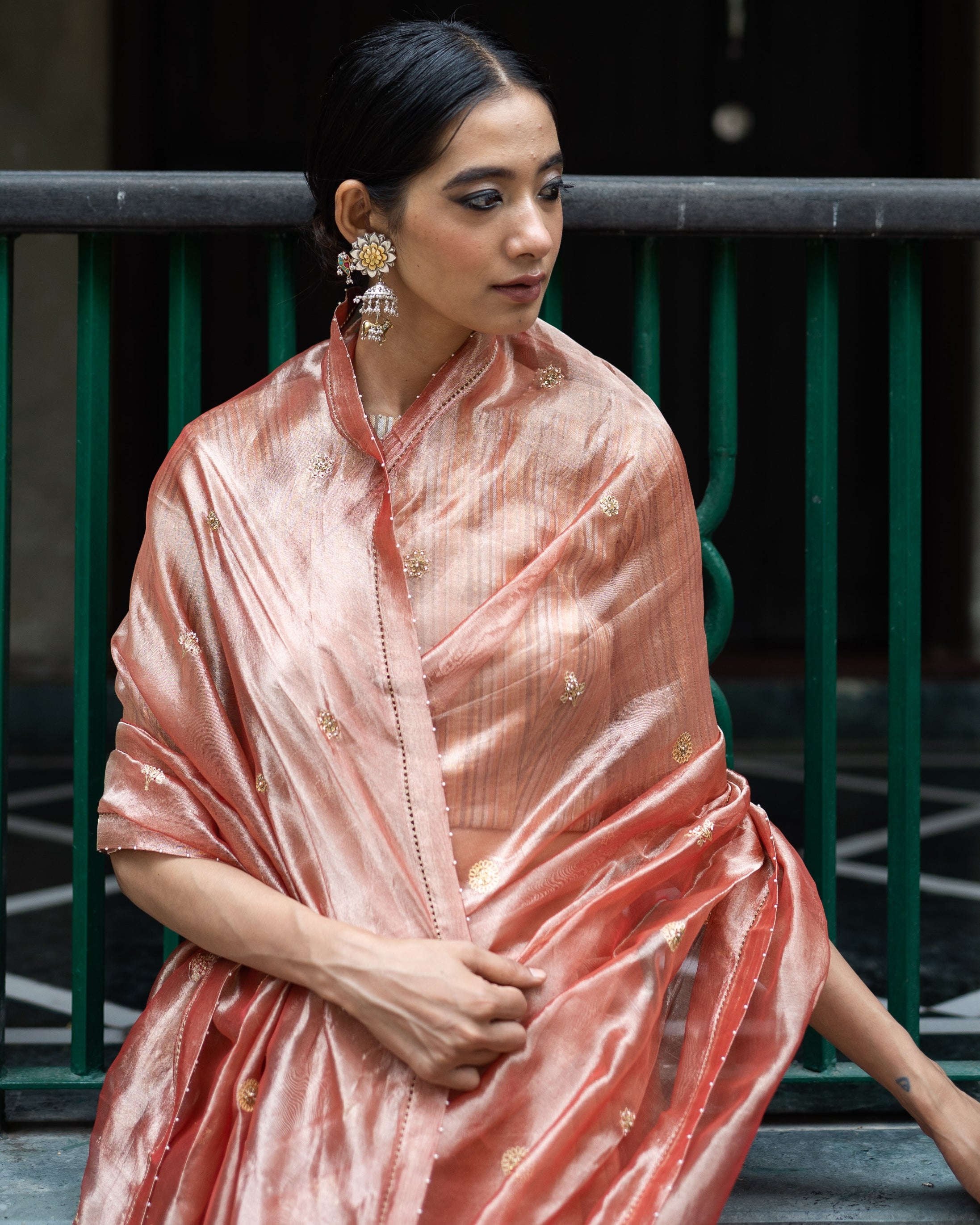 Blush Pink Hand Embroidered Tissue Silk Sari With Blouse