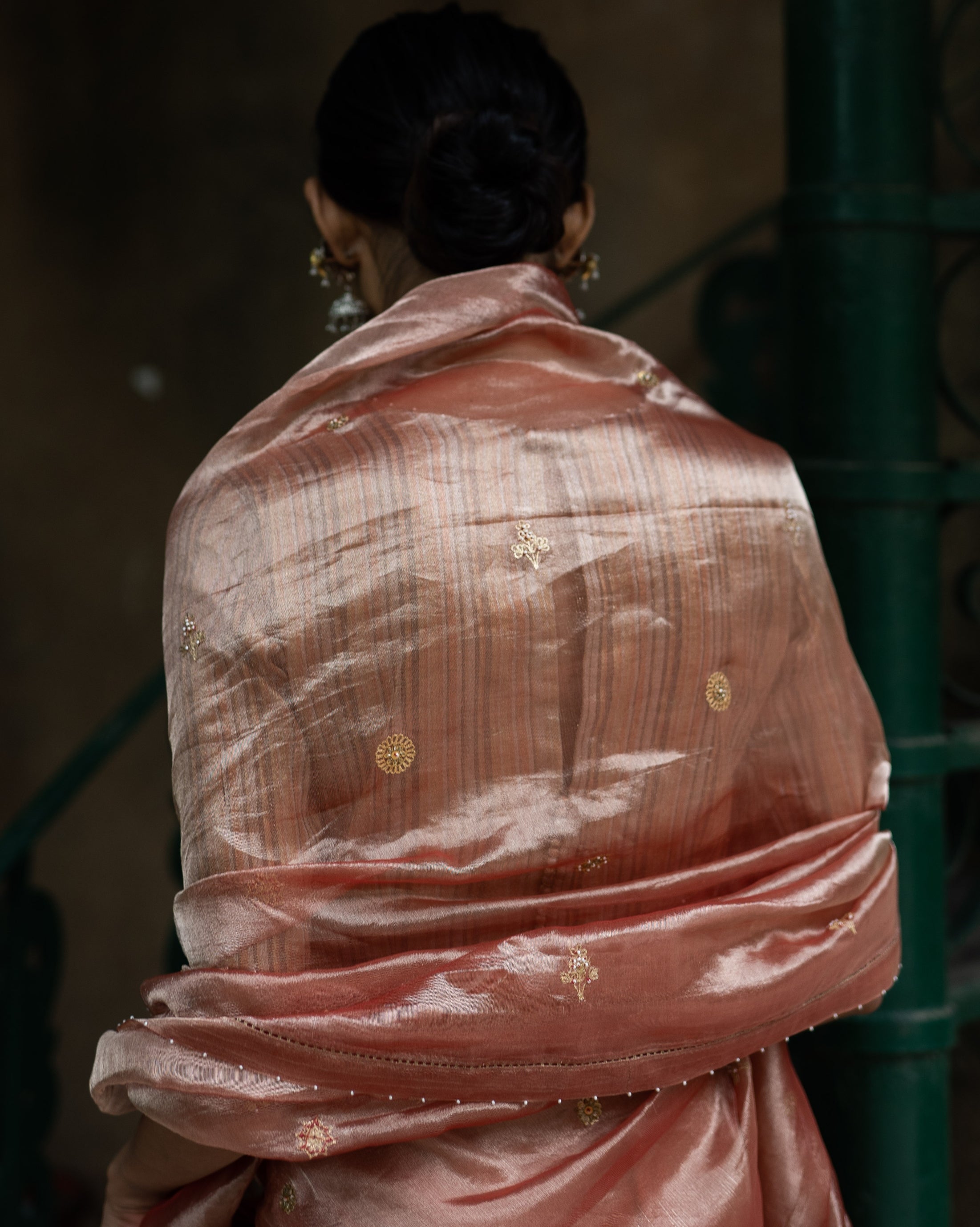 Blush Pink Hand Embroidered Tissue Silk Sari With Blouse