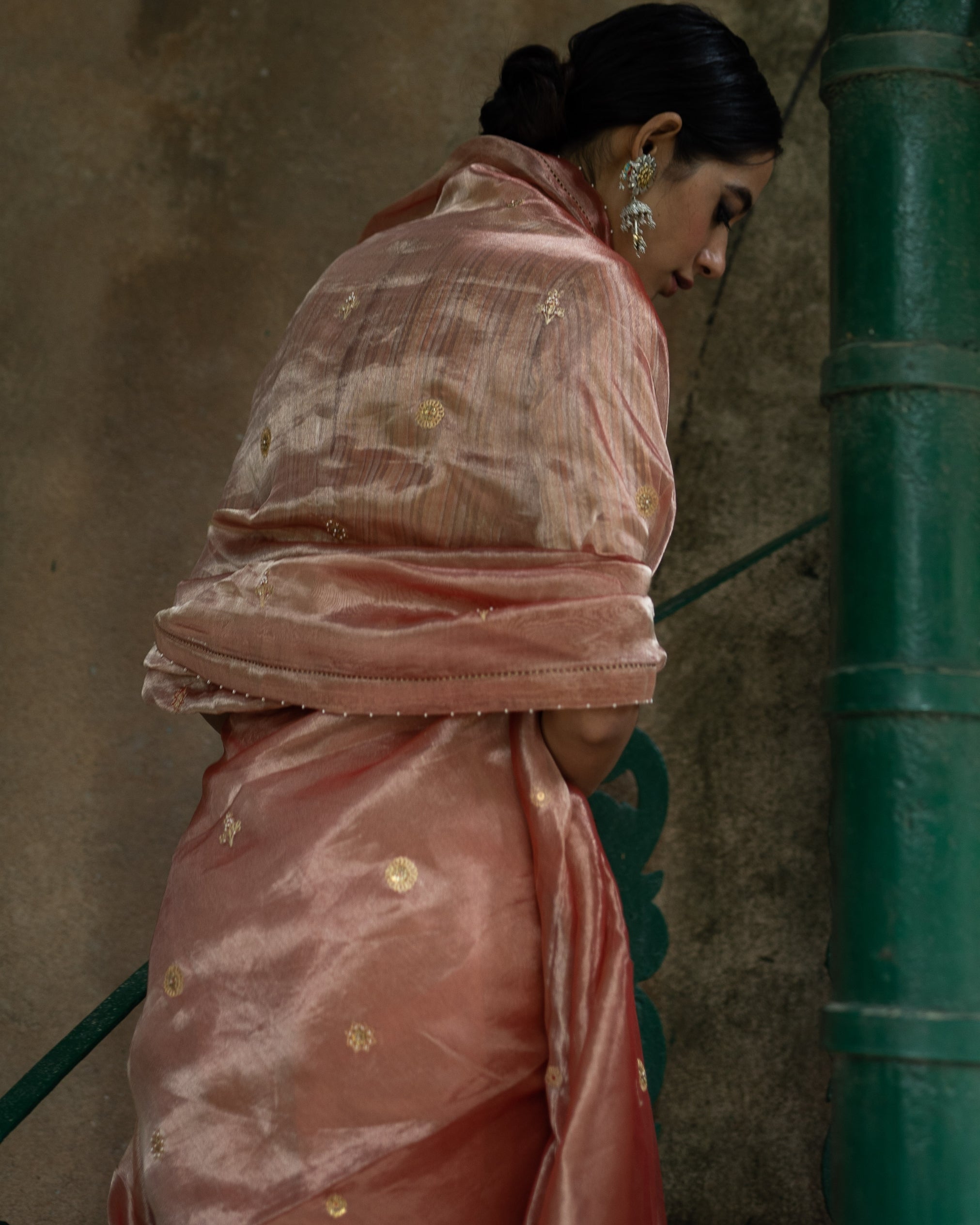 Blush Pink Hand Embroidered Tissue Silk Sari With Blouse