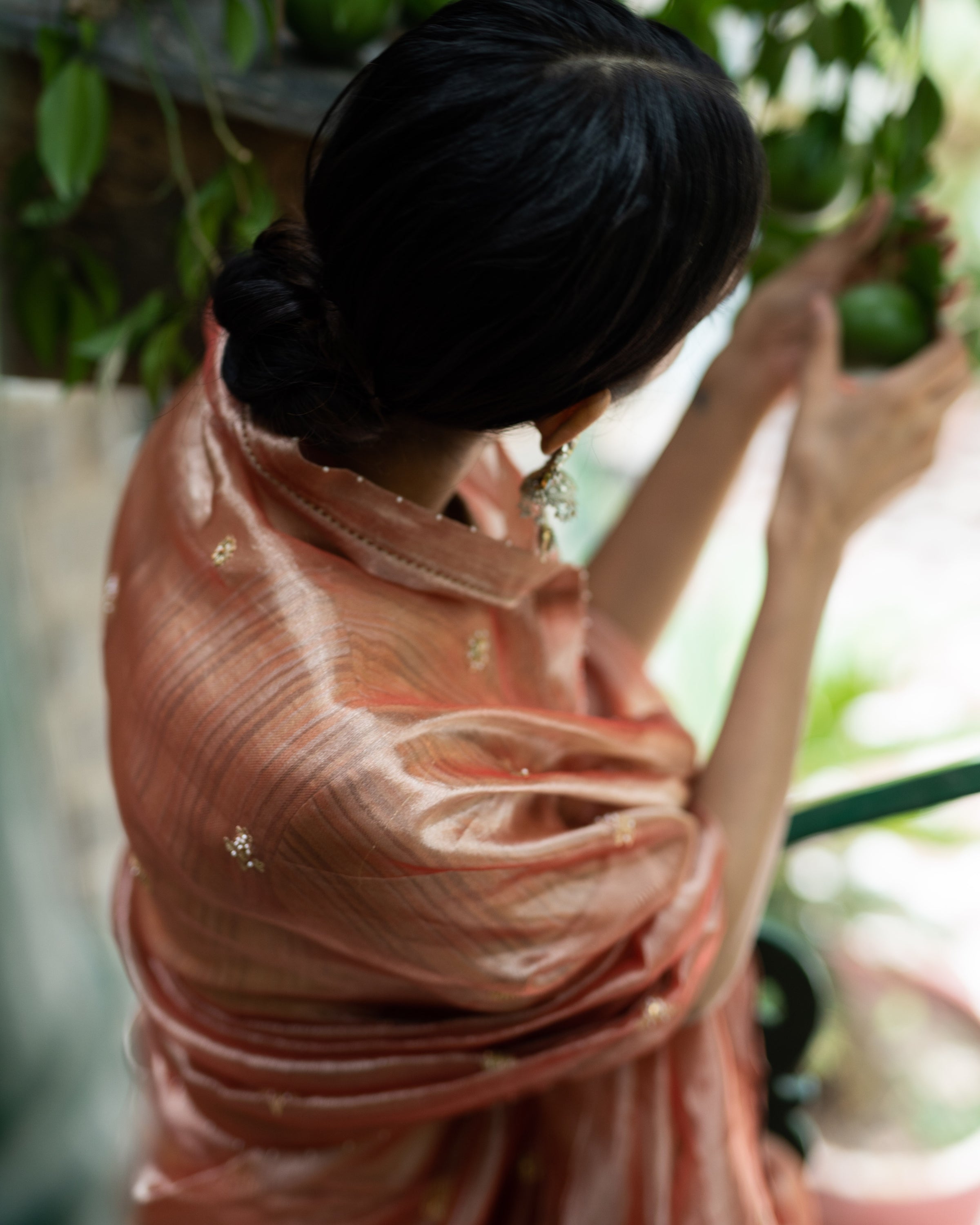 Blush Pink Hand Embroidered Tissue Silk Sari With Blouse