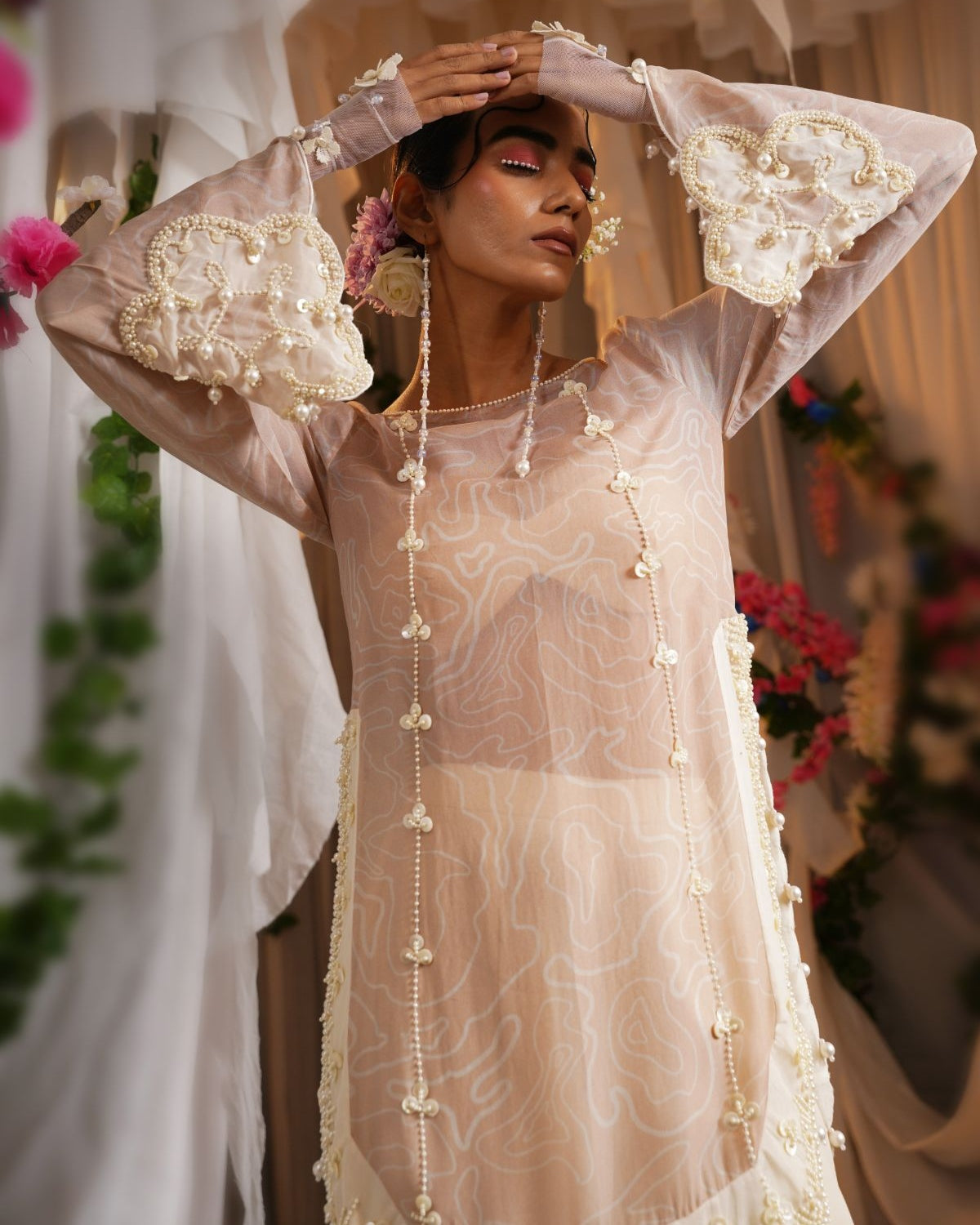 Printed Pearl Short Kurta With Floret Patch Cropped Pants And A Printed Bralet