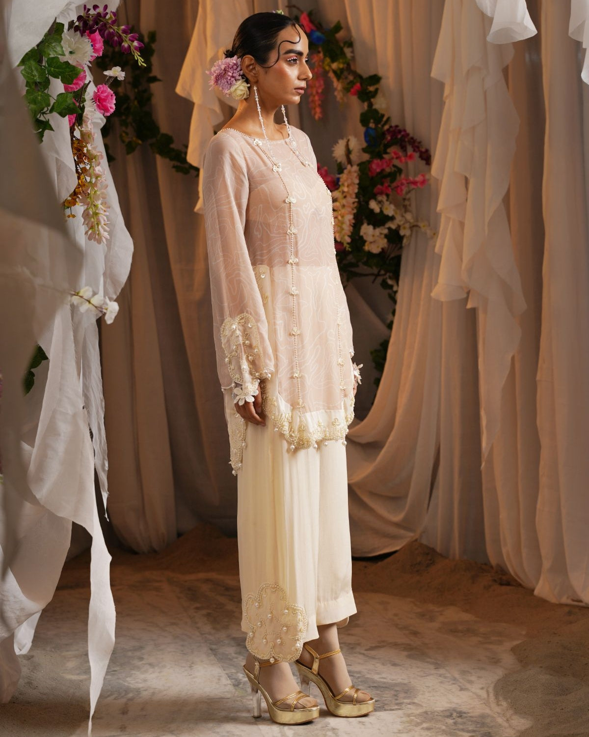 Printed Pearl Short Kurta With Floret Patch Cropped Pants And A Printed Bralet