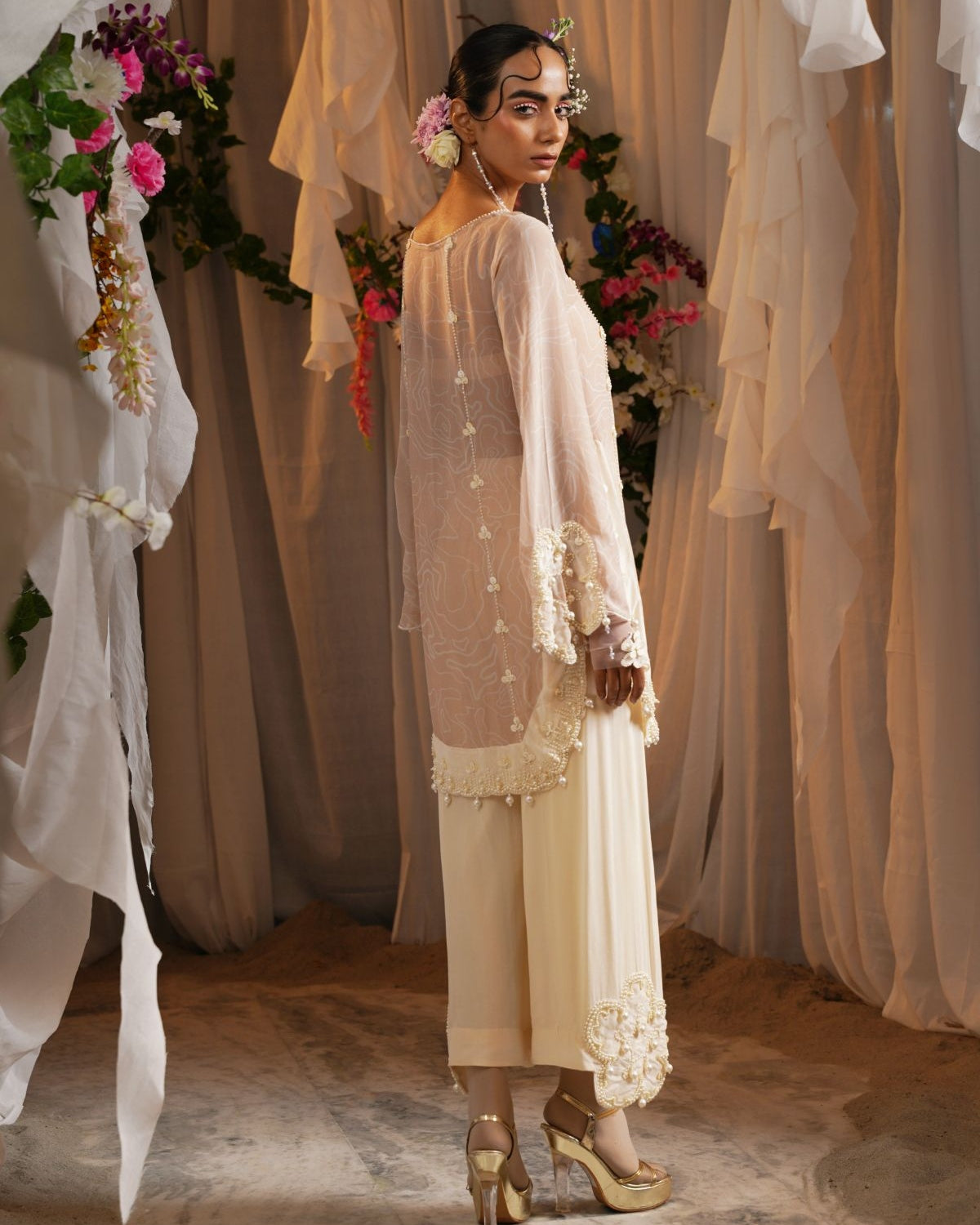 Printed Pearl Short Kurta With Floret Patch Cropped Pants And A Printed Bralet