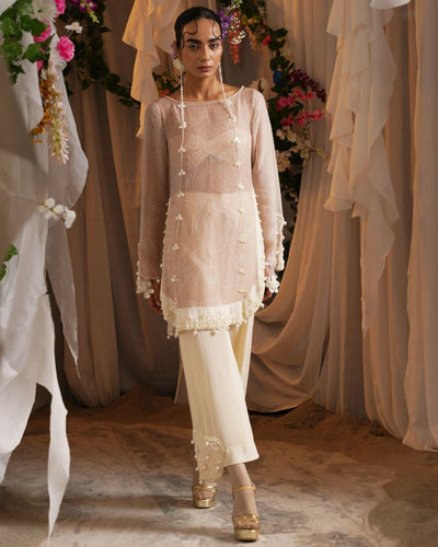 Printed Pearl Short Kurta With Floret Patch Cropped Pants And A Printed Bralet