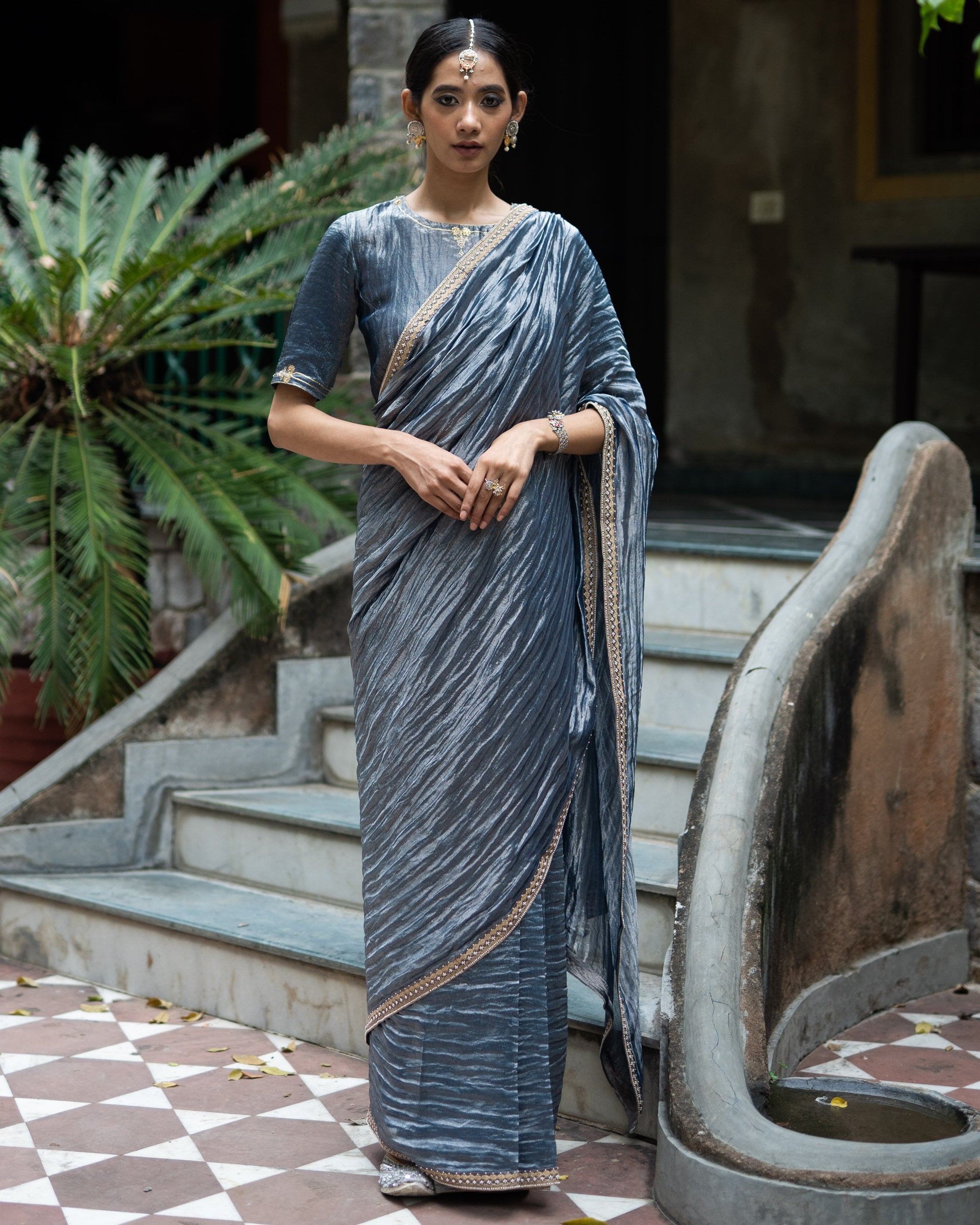 Colbalt Blue Hand Embroidered Metallic Sari With Blouse