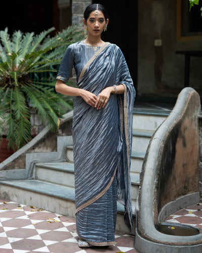Colbalt Blue Hand Embroidered Metallic Sari With Blouse
