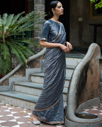 Colbalt Blue Hand Embroidered Metallic Sari With Blouse