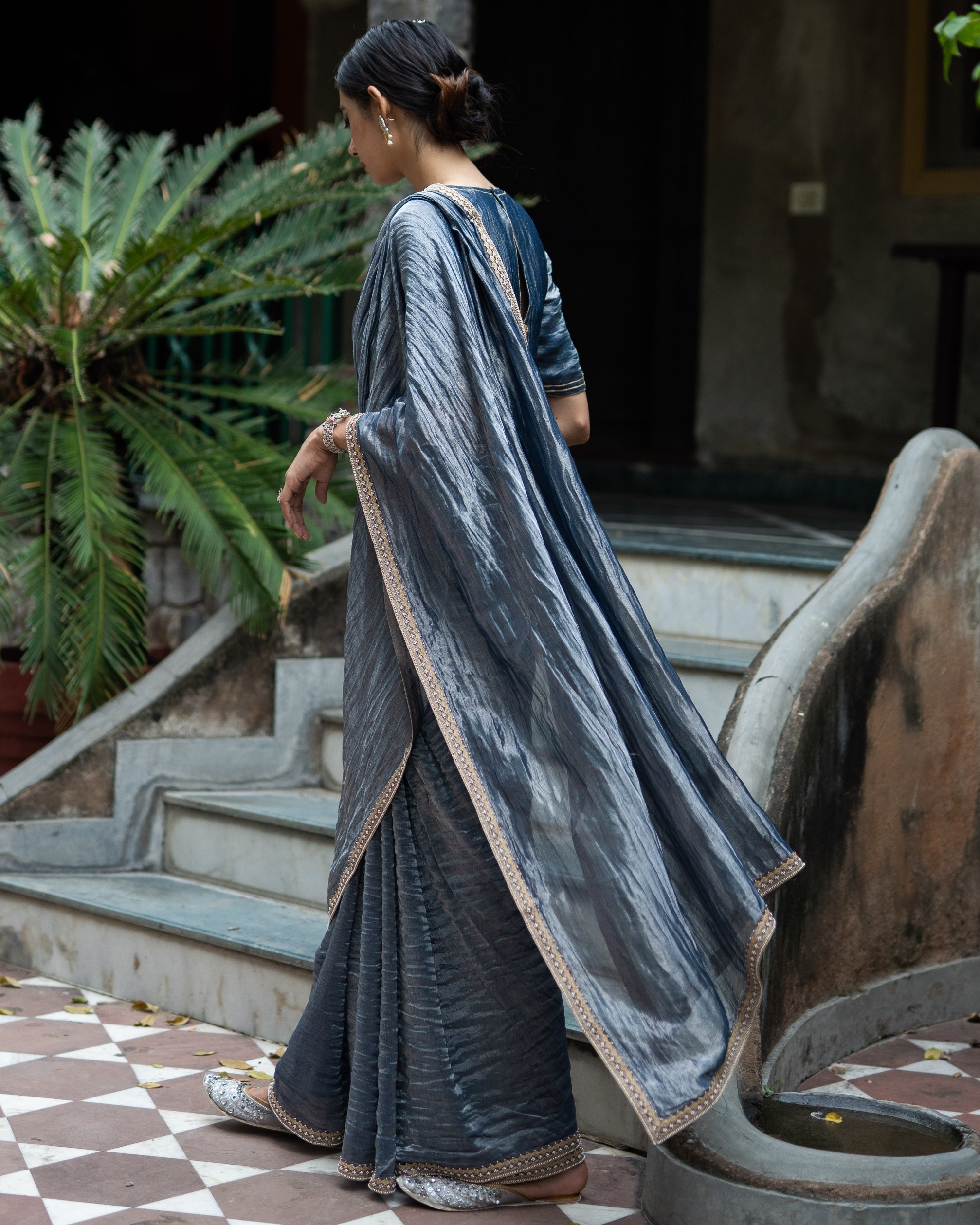 Colbalt Blue Hand Embroidered Metallic Sari With Blouse