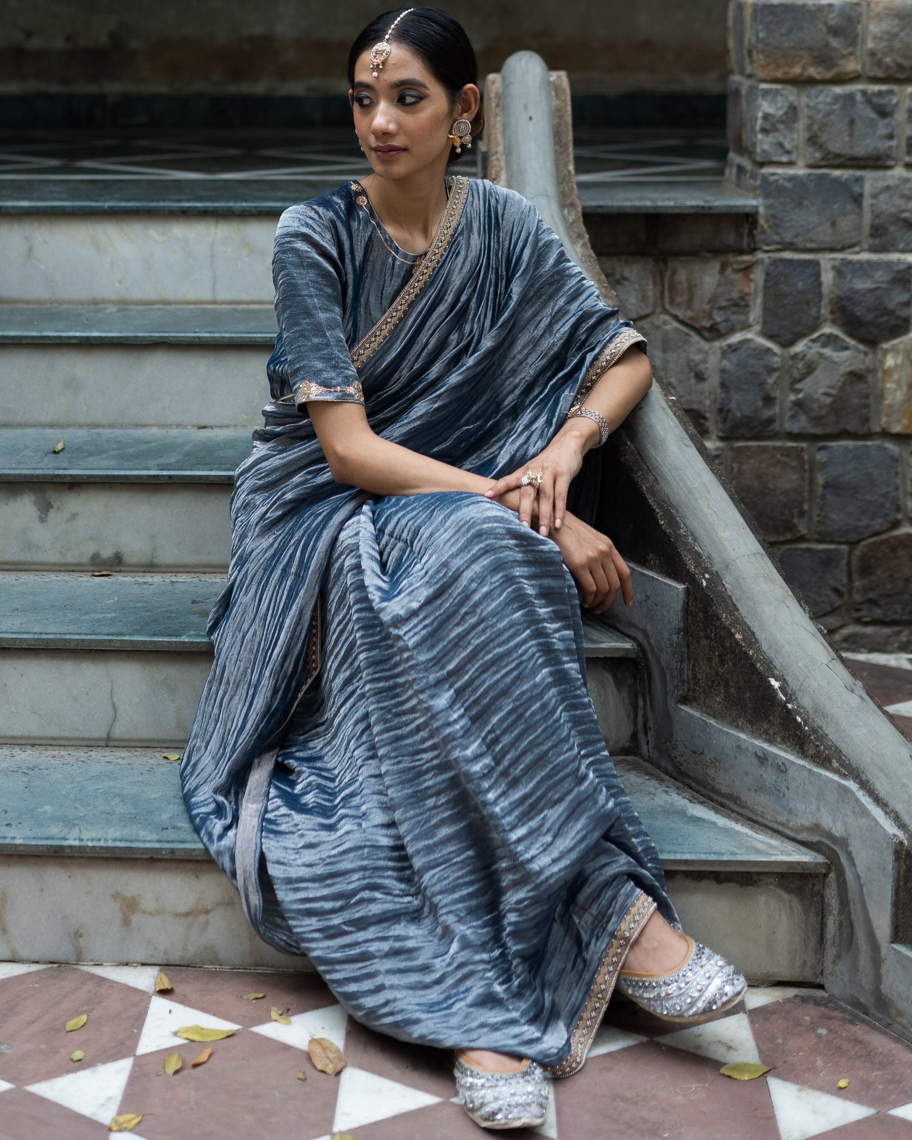 Colbalt Blue Hand Embroidered Metallic Sari With Blouse