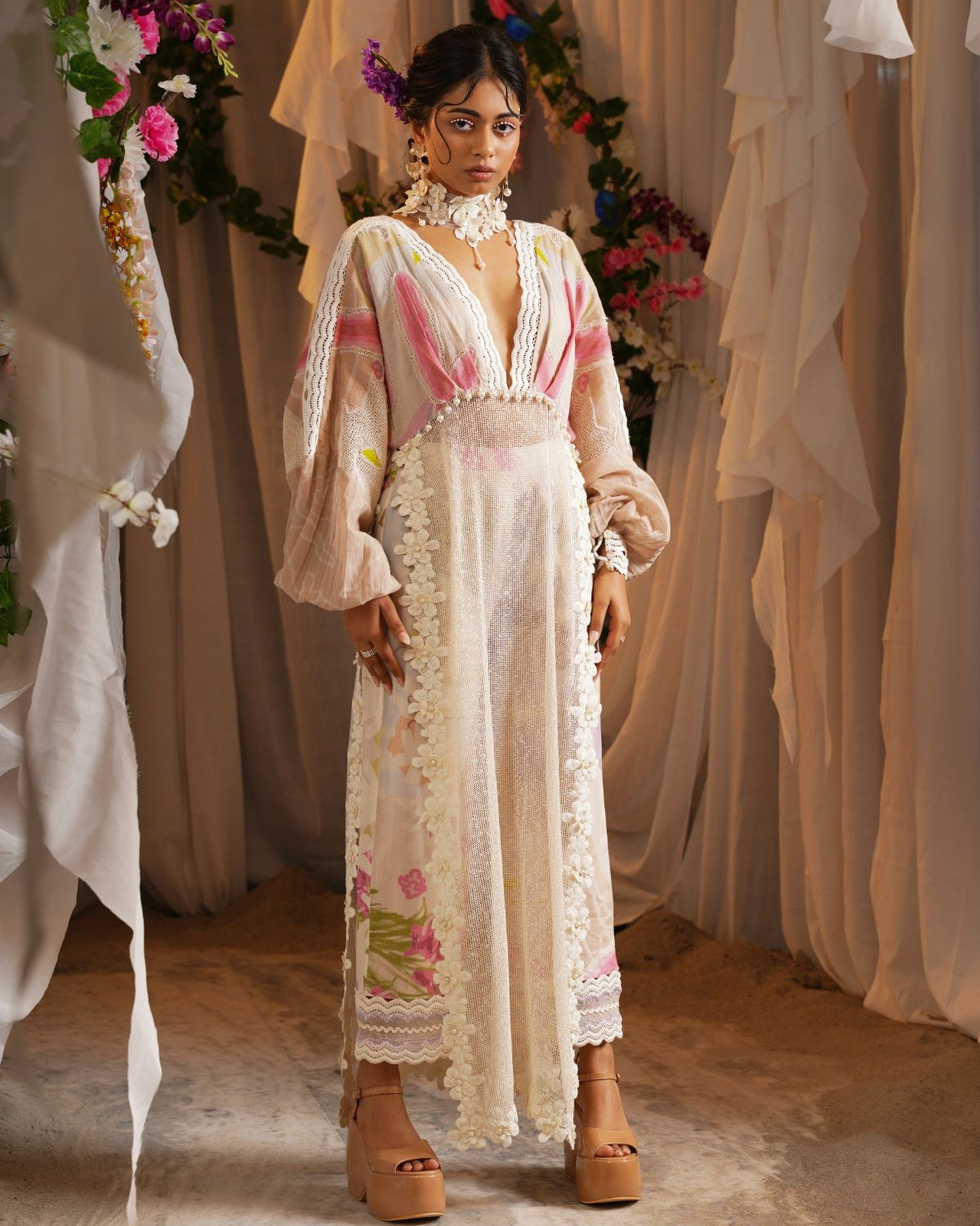 Vally Print Kaftan Kurta With Scalloped Border Cropped Pants