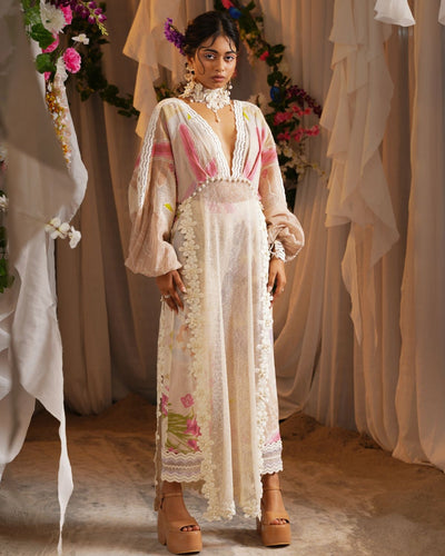 Vally Print Kaftan Kurta With Scalloped Border Cropped Pants