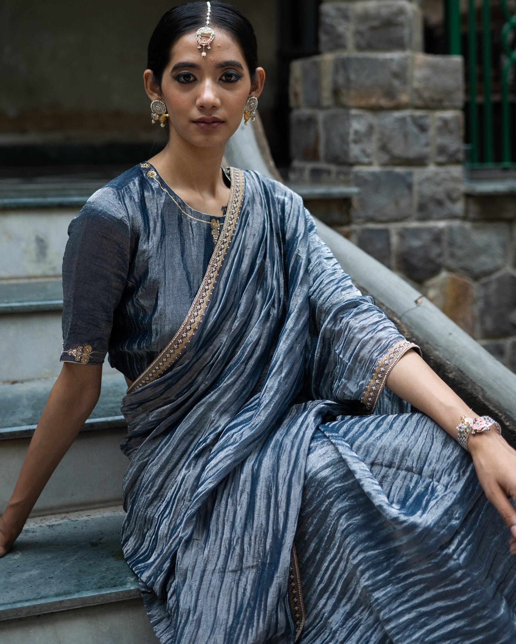 Colbalt Blue Hand Embroidered Metallic Sari With Blouse