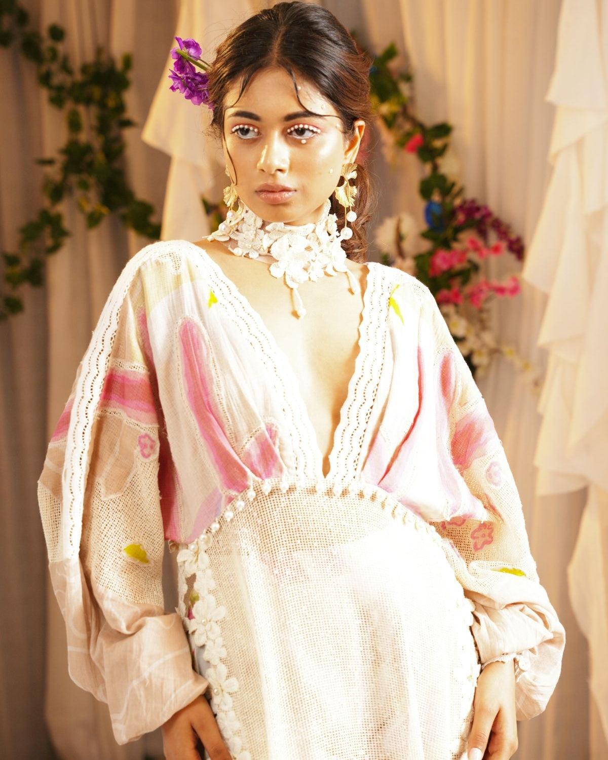 Vally Print Kaftan Kurta With Scalloped Border Cropped Pants