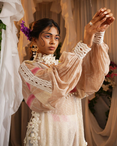 Vally Print Kaftan Kurta With Scalloped Border Cropped Pants