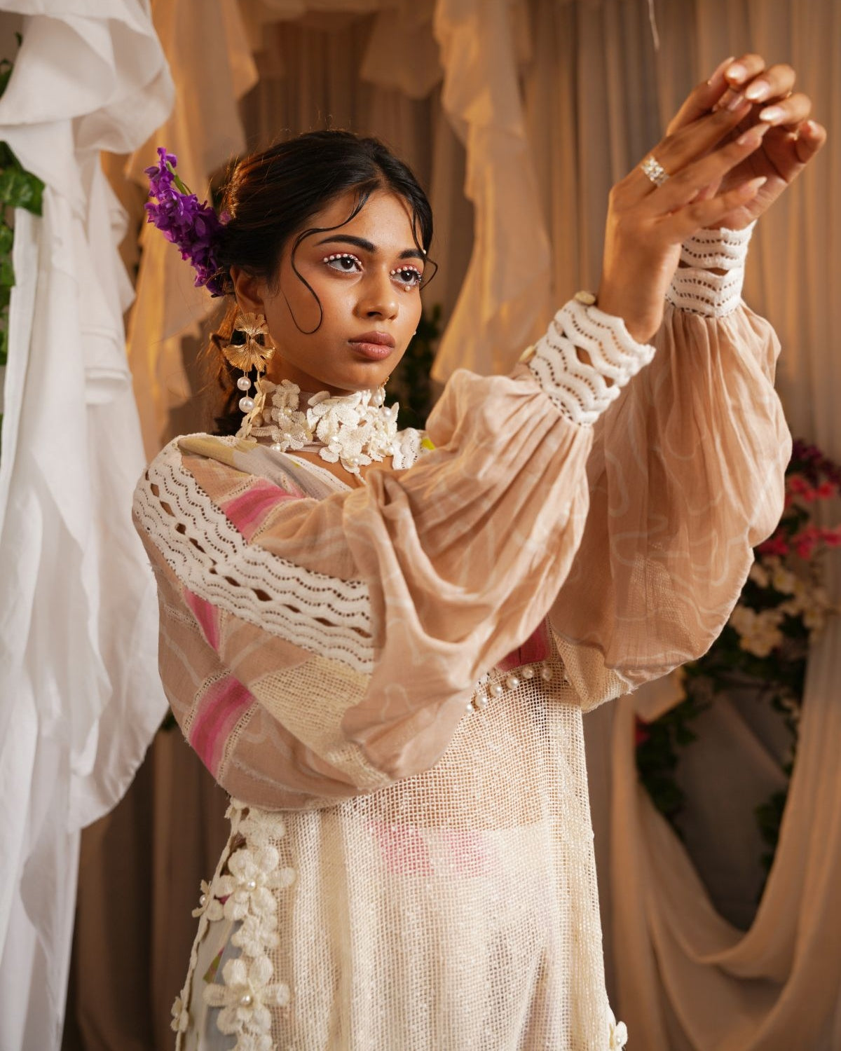 Vally Print Kaftan Kurta With Scalloped Border Cropped Pants