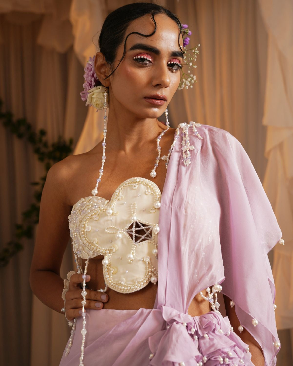 Draped Floret Double Palla Sari With Floret Pearl Bustier