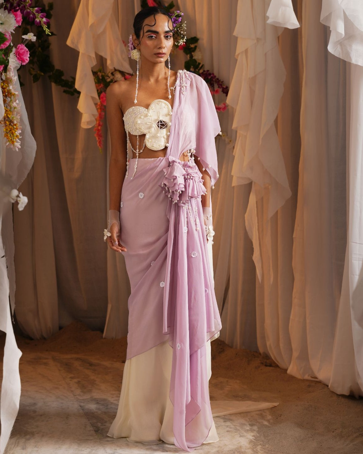 Draped Floret Double Palla Sari With Floret Pearl Bustier