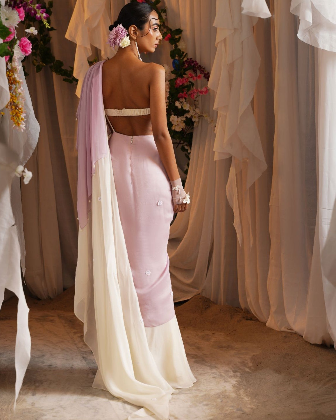 Draped Floret Double Palla Sari With Floret Pearl Bustier