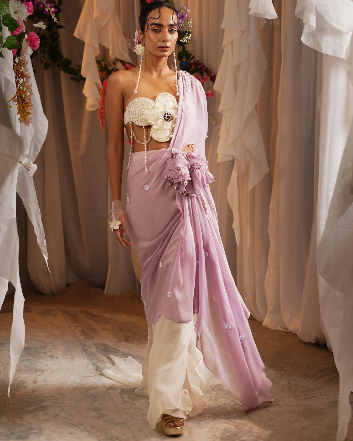 Draped Floret Double Palla Sari With Floret Pearl Bustier