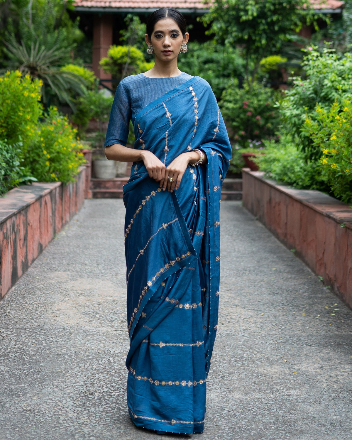 Cobalt Blue Hand Embroidered Sari With Blouse